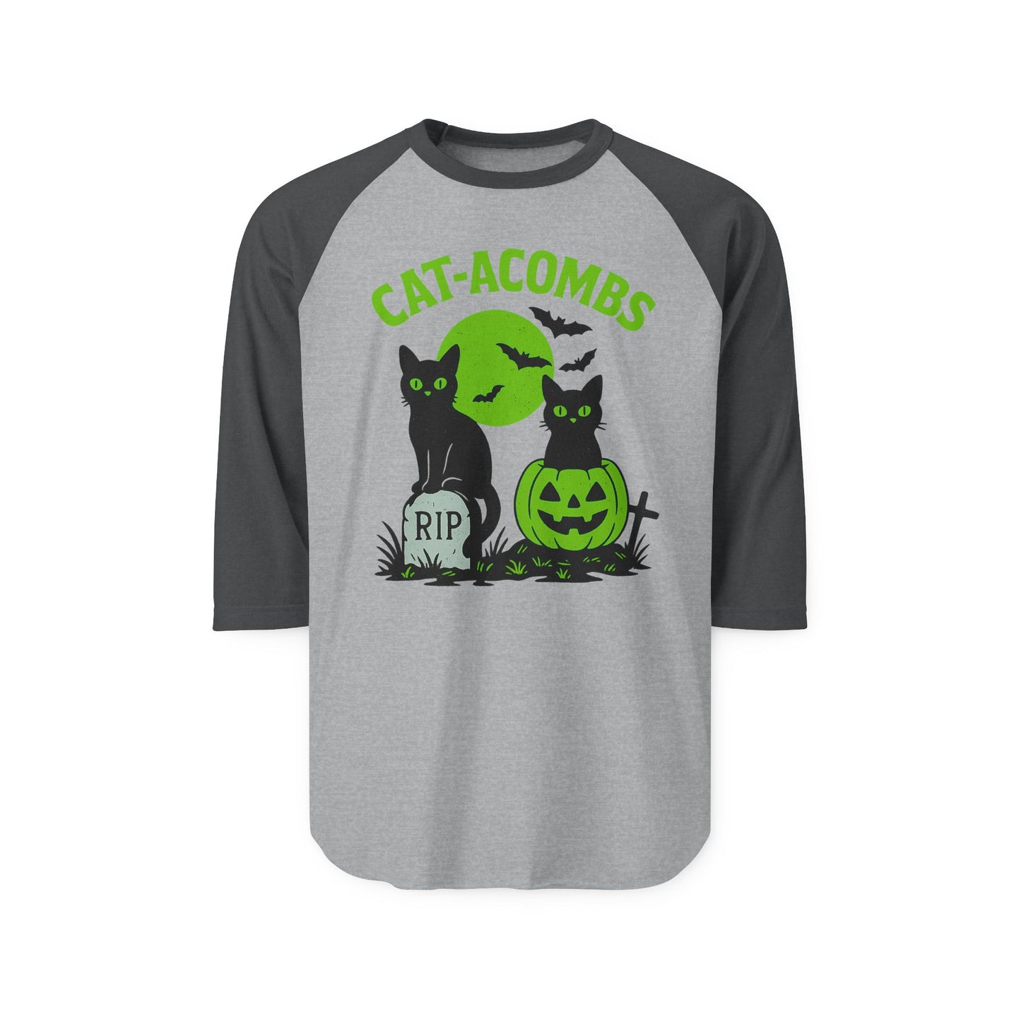 Halloween Cat-Acombs Raglan Shirt, Unisex Halloween Tee, Spooky Season Apparel, Cat Lovers Gift, Fall Fashion, Halloween Party Shirt