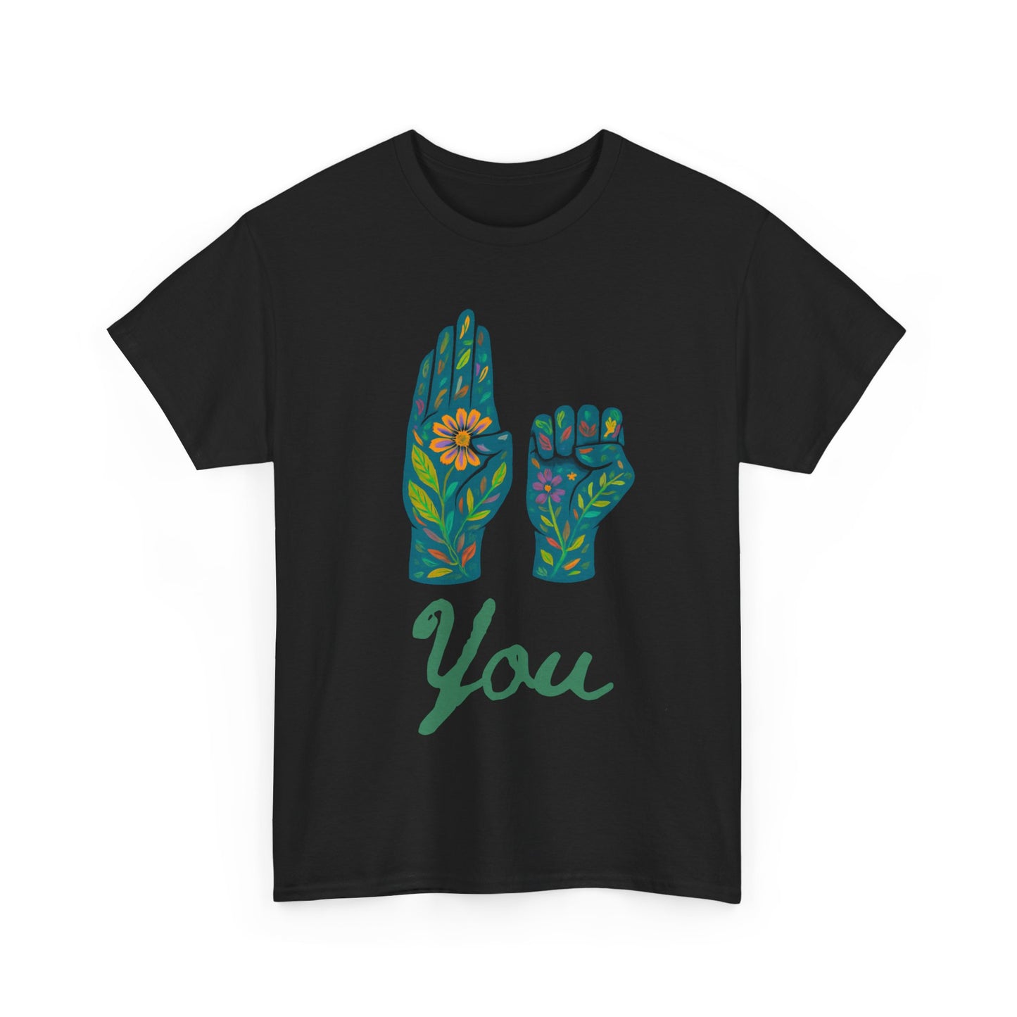 Unisex Heavy Cotton Tee with Floral ASL Design, Inspirational Sign Language T-Shirt