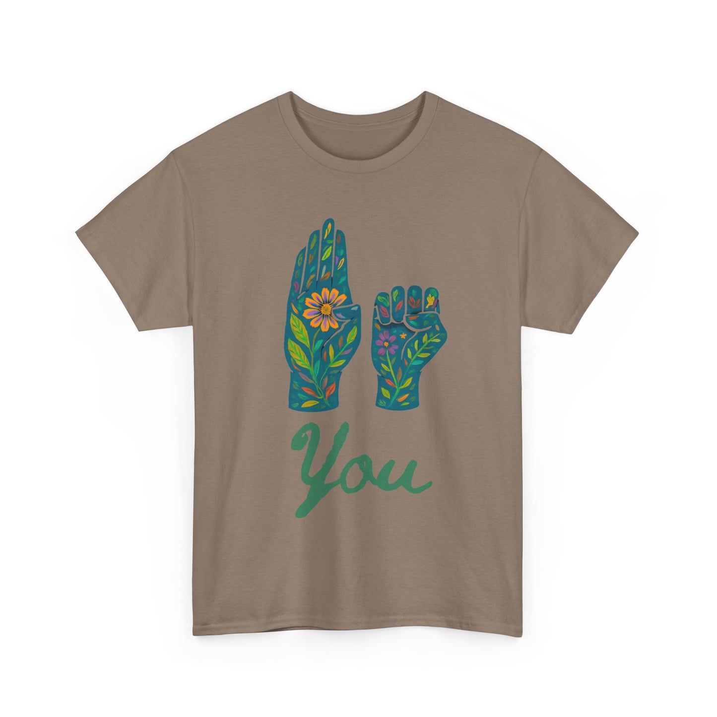 Unisex Heavy Cotton Tee with Floral ASL Design, Inspirational Sign Language T-Shirt