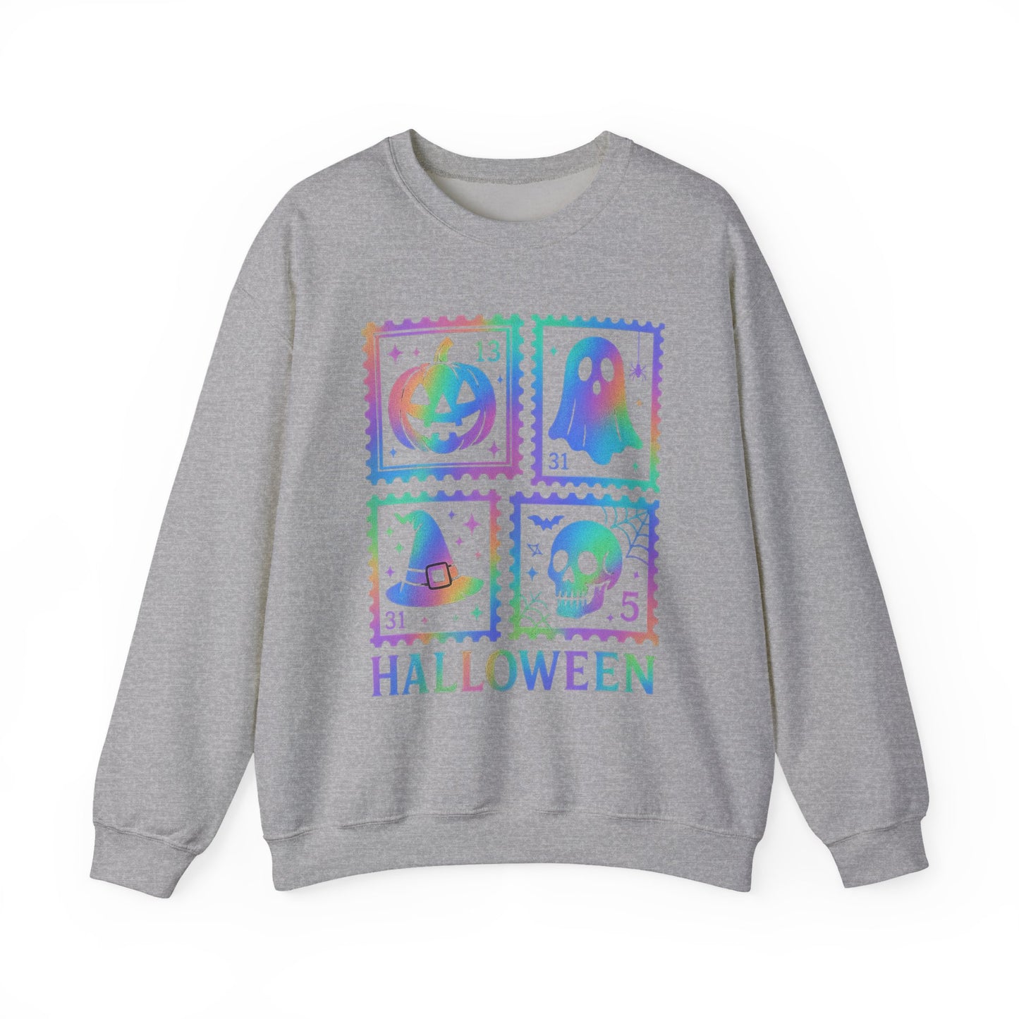 Halloween-themed Iridescent Stamp Sweatshirt, Halloween Apparel, Ghostly Sweatshirt, Pumpkin Design