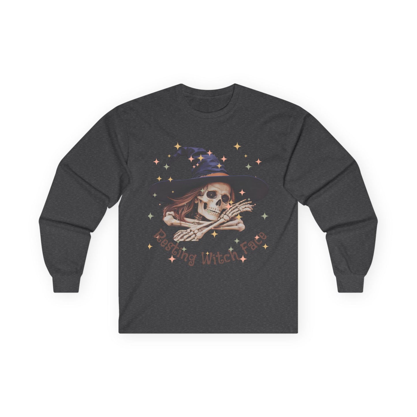 Spooky Skeleton Witch Long Sleeve Tee, Halloween Costume T-shirt, Ghostly Witch Shirt, Fall Tee