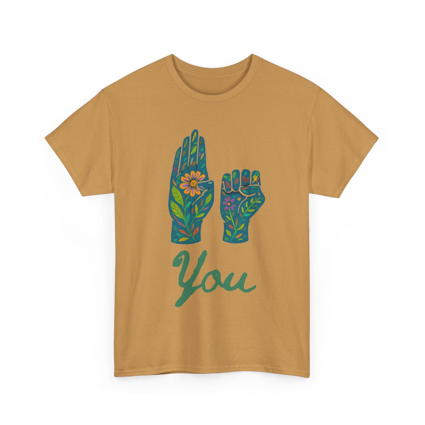 Unisex Heavy Cotton Tee with Floral ASL Design, Inspirational Sign Language T-Shirt