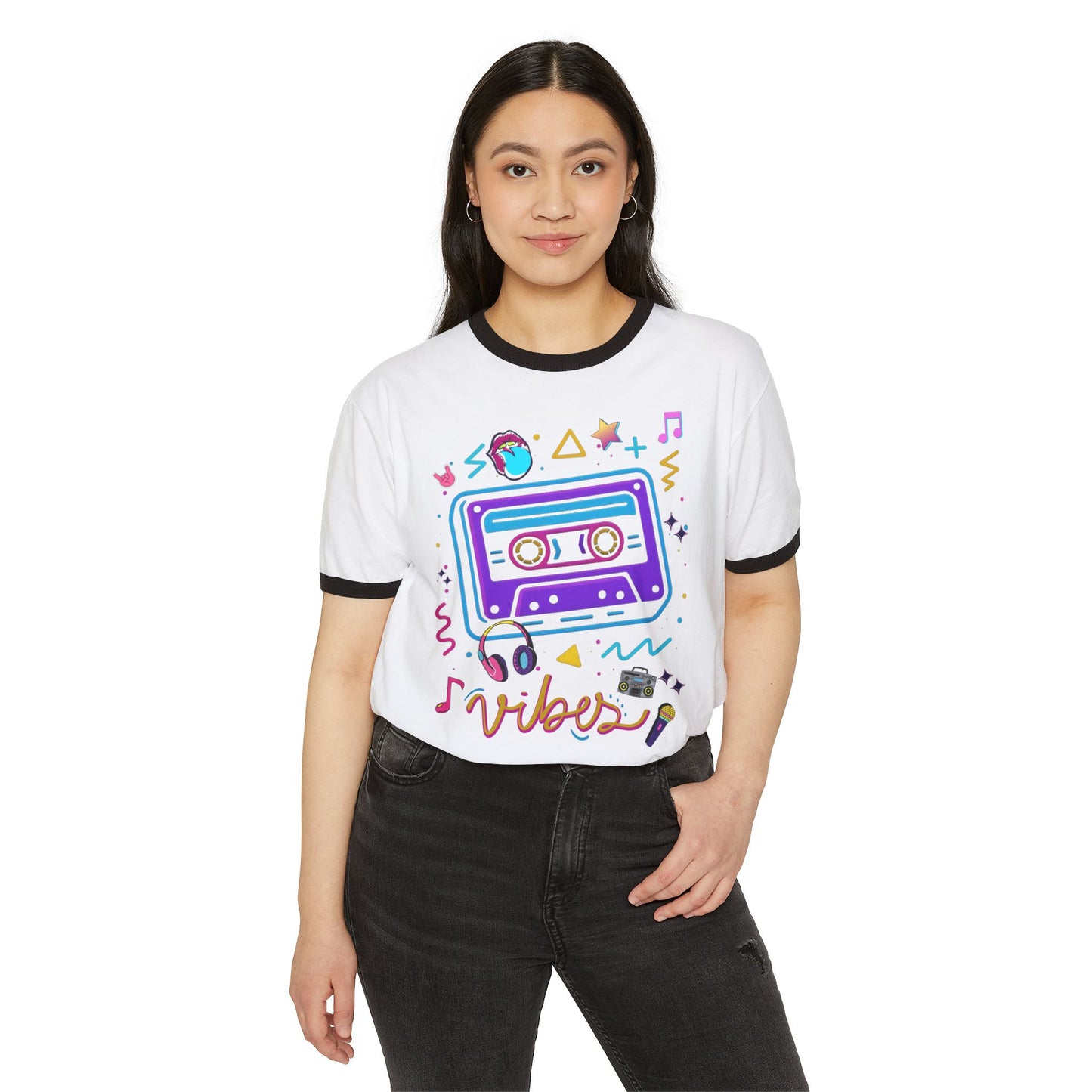 Retro Vibes Unisex Ringer T-Shirt - Casual Style, 90s Aesthetic, Perfect Gift for Music Lovers, Vintage Fashion, Festival Wear