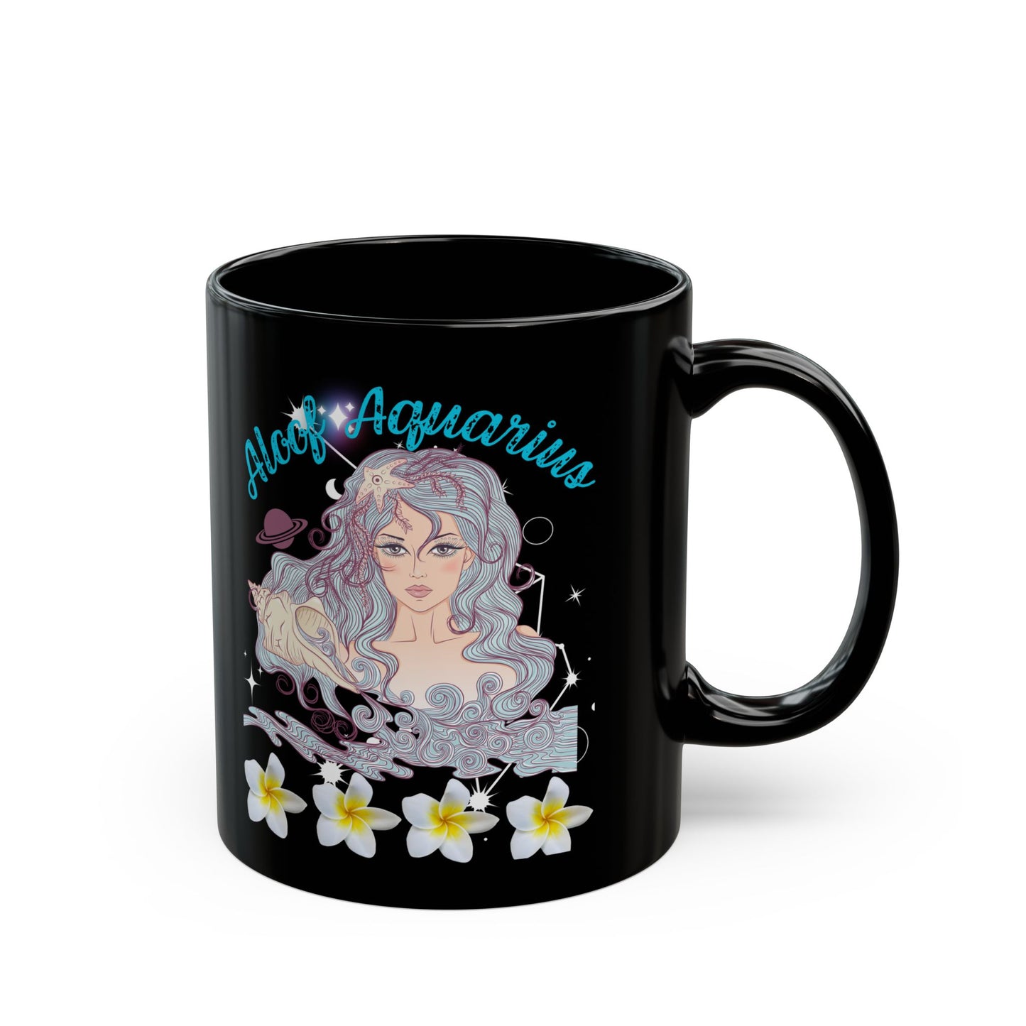 Aquarius Zodiac Black Coffee Mug with Floral Design, Astrology Gift, Coffee Cup, Horoscope Lover's Mug