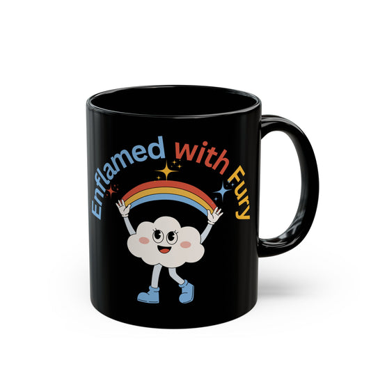 Smiling Cloud with Rainbow Coffee Cup: Sarcastic Black Glossy Coffee Mug for Dark Humor Lovers