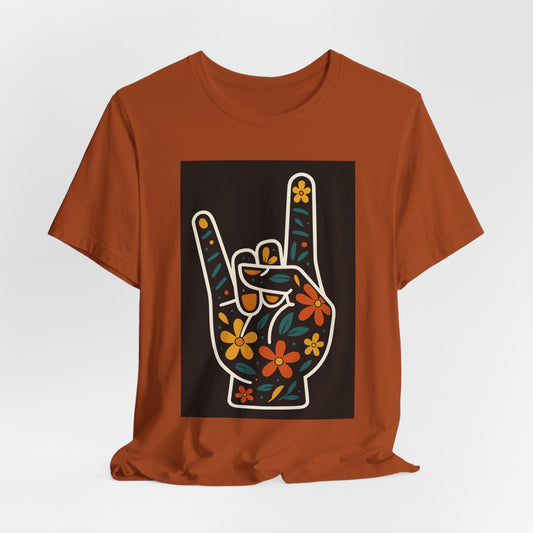 Floral Rock ASL Hand T-Shirt | sign language Tee | Perfect for Music Lovers, Festivals, Birthdays, or Everyday Wear