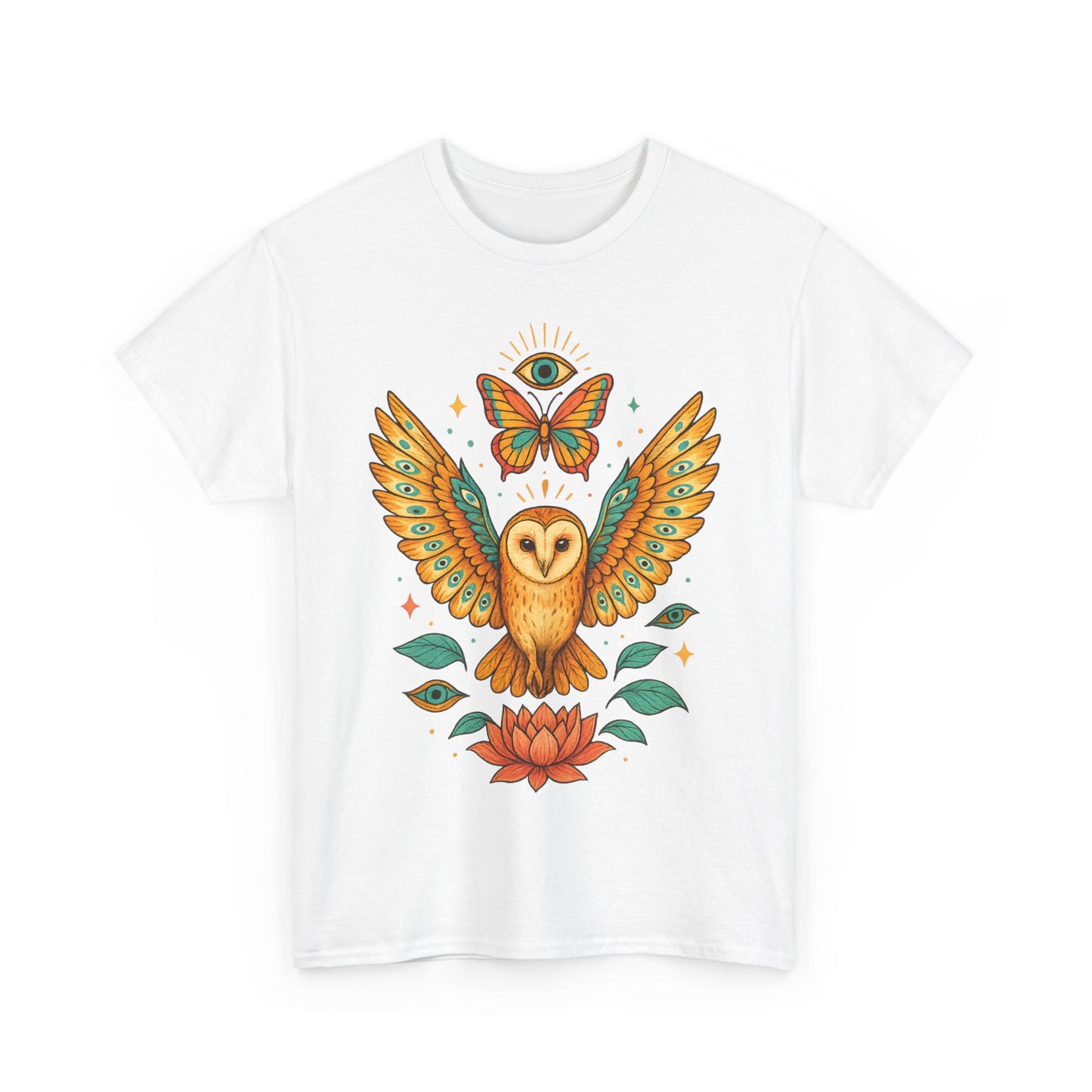 Owl and Butterfly Graphic Tee, Spiritual Cotton T-Shirt, Lotus Lover Gift, Boho Style