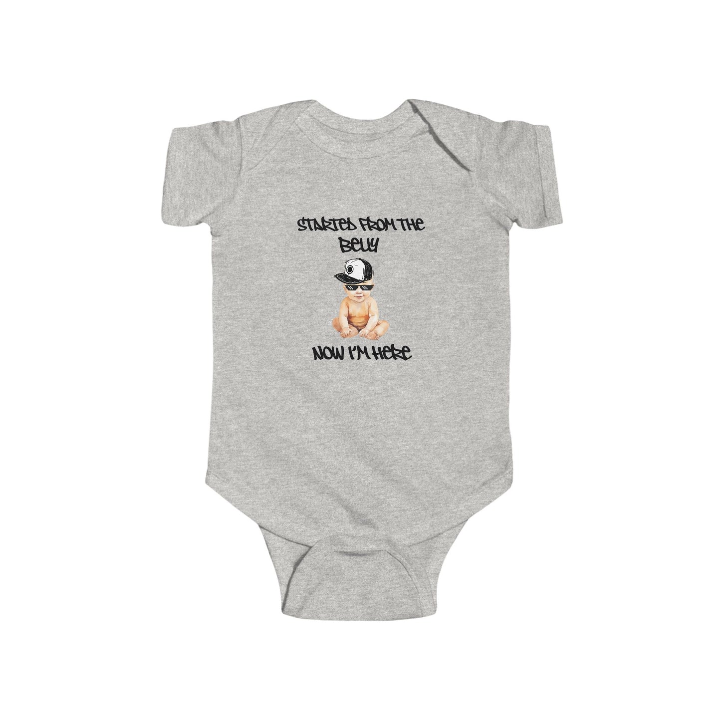 Cute Baby Bodysuit, "Started From The Belly Now I'm Here" Baby Shower Gift