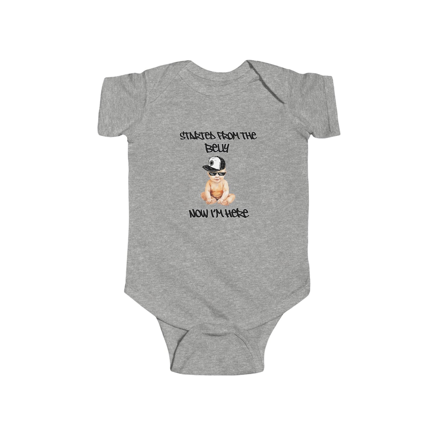 Cute Baby Bodysuit, "Started From The Belly Now I'm Here" Baby Shower Gift