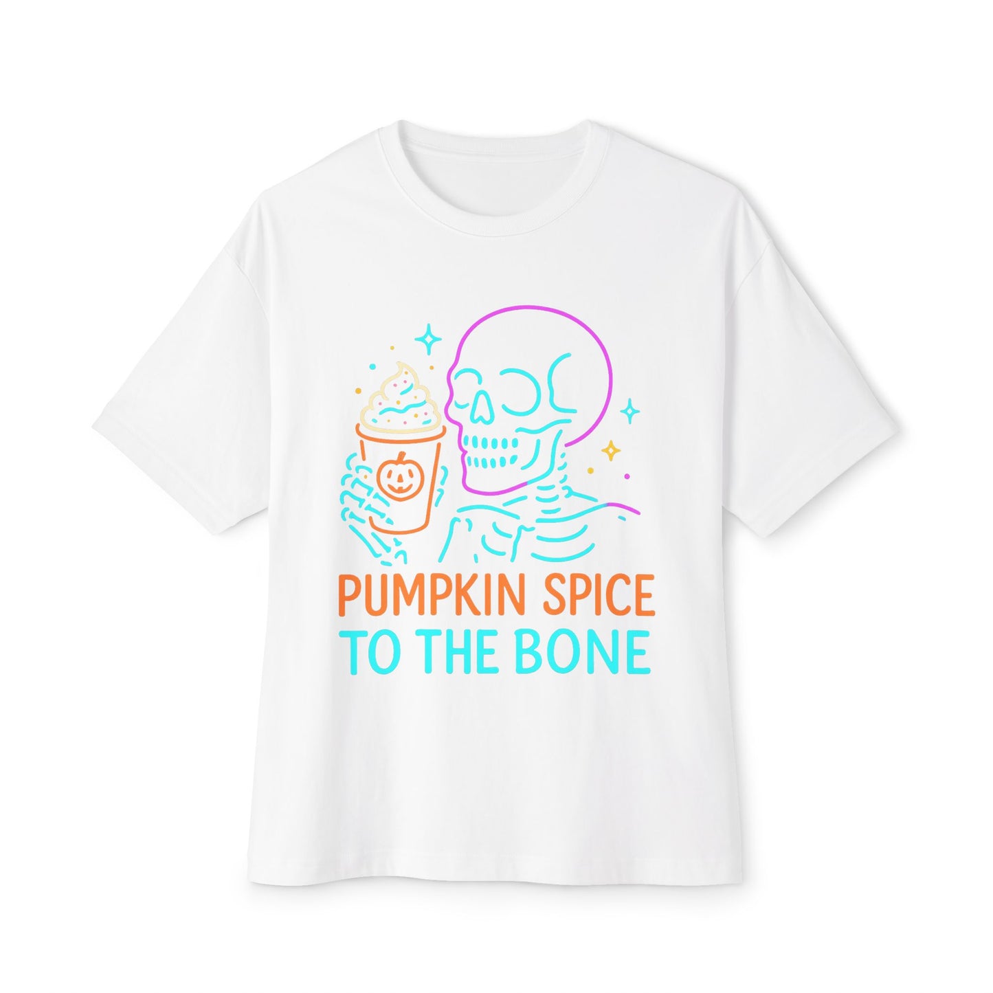 Pumpkin Spice Skeleton Tee, Unisex Halloween Shirt, Oversized Boxy Tee, Fall T-Shirt, Fun Autumn Apparel