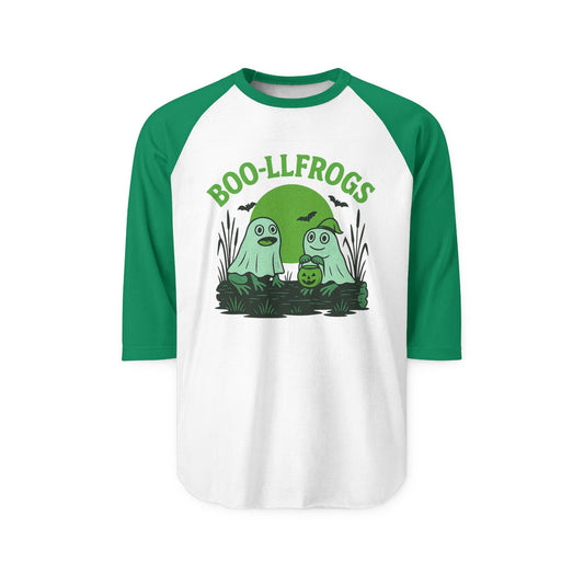 Halloween Ghosts Frogs Raglan Shirt, Boo-llfrogs Tee, Unisex Halloween Apparel, Spooky Season Shirt, Fall Festivity Wear, Ghostly T-Shirt