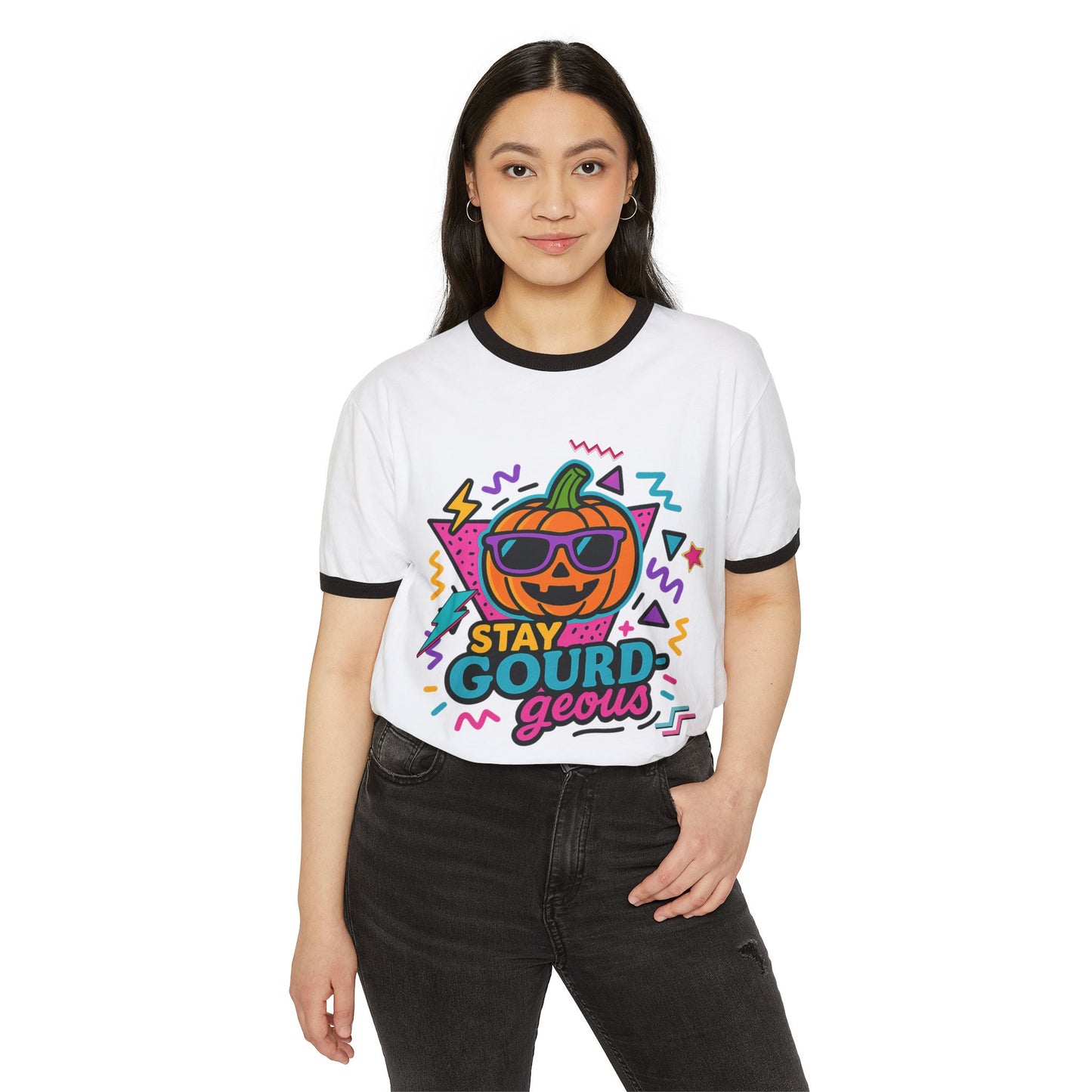 Stay Gourd-geous Halloween Unisex Cotton Ringer T-Shirt, Cute Pumpkin Tee, Spooky Vibes Shirt, Fall Fashion, Halloween Costume