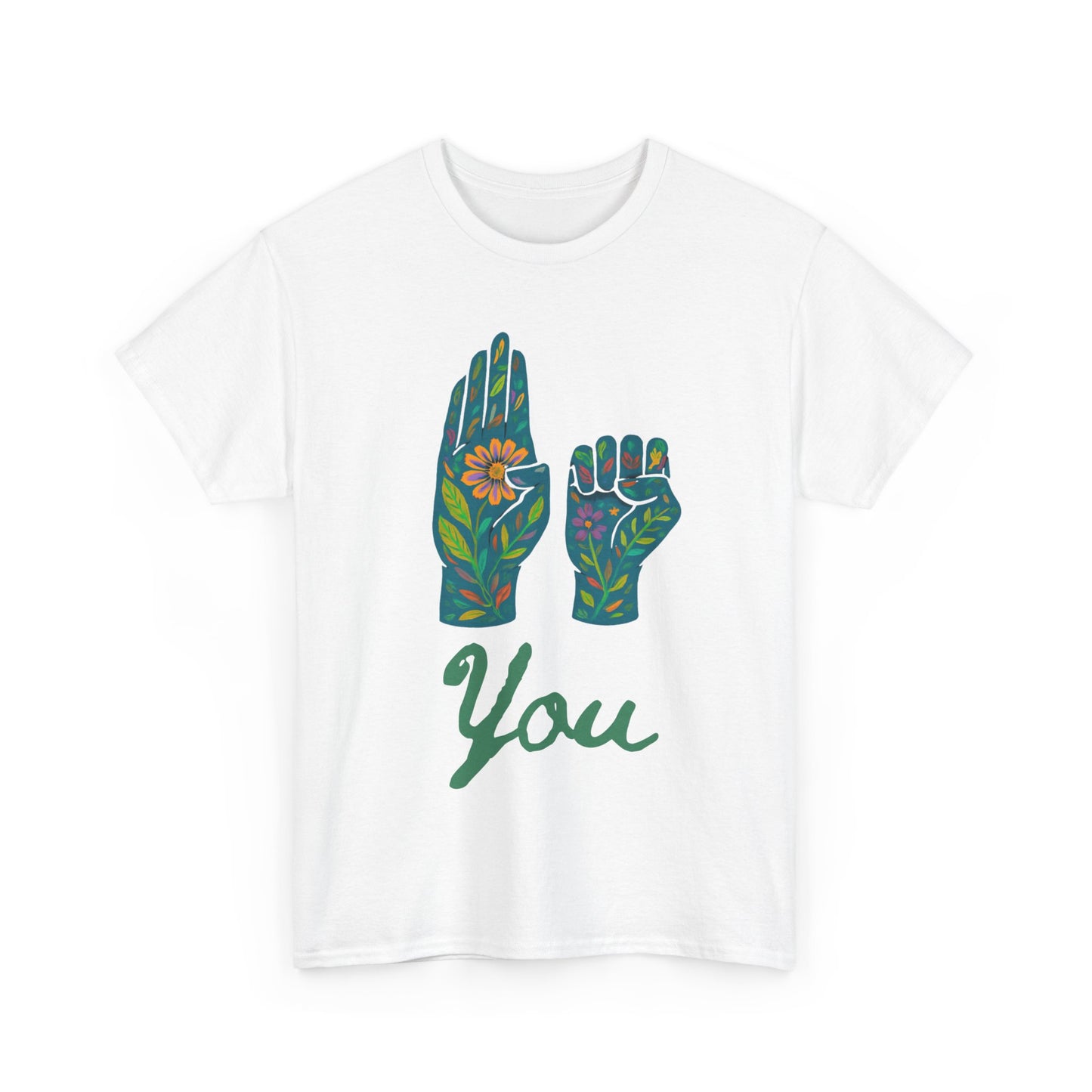 Unisex Heavy Cotton Tee with Floral ASL Design, Inspirational Sign Language T-Shirt