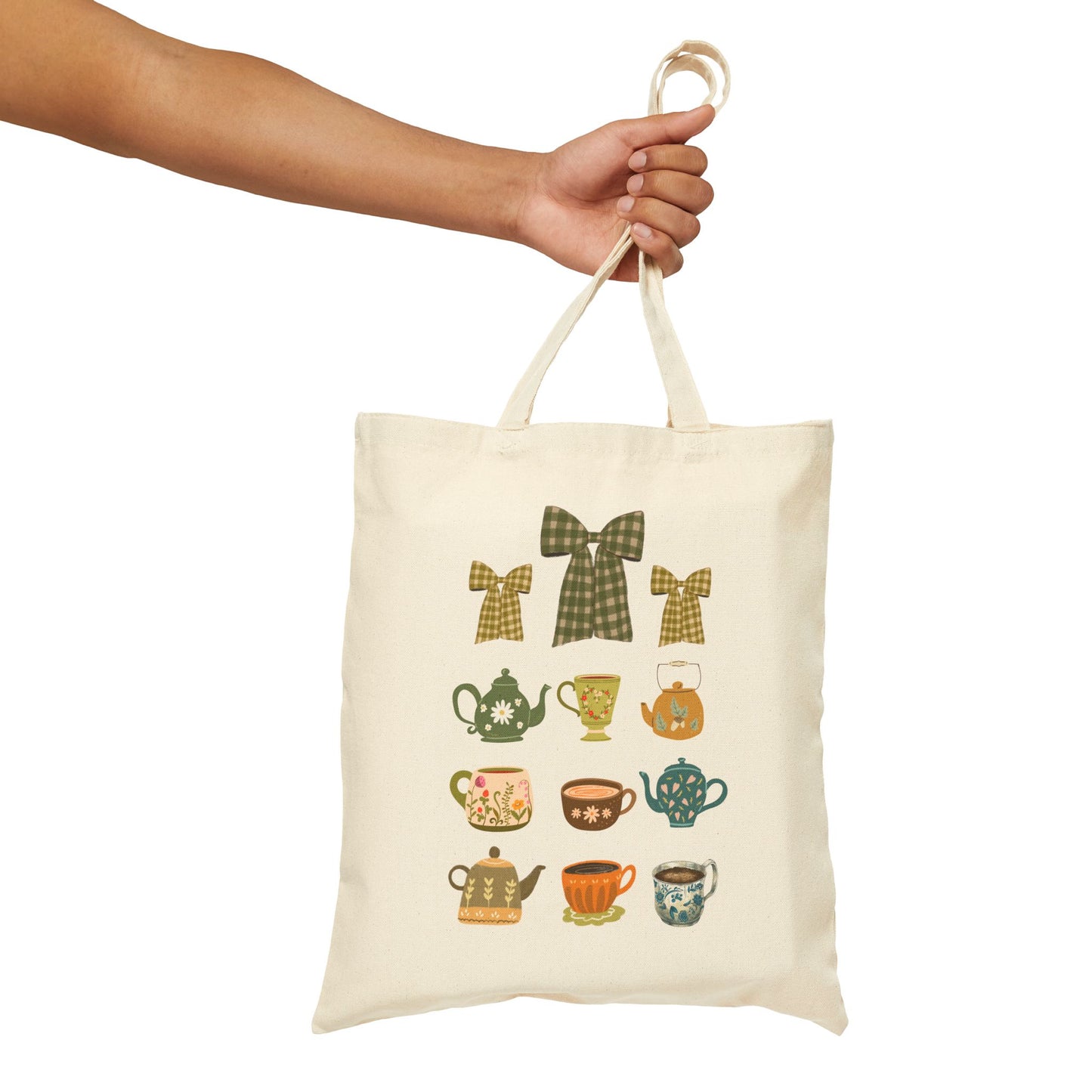 Tea & Whimsy Tote – Teacups, Kettles, and Bows, Reusable Shopping Bag, Eco-Friendly Gift, Tea Lover's Tote, Cute Tote for Everyday Use