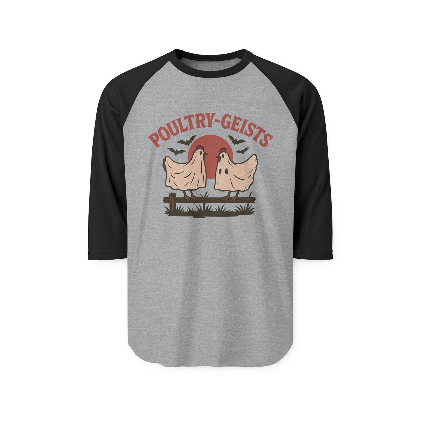 Poultry-Geists Unisex Raglan Halloween Shirt, Funny Halloween Tee, Farmhouse Style Top, Ghost Chicken Shirt, Perfect for Parties, Gift Idea
