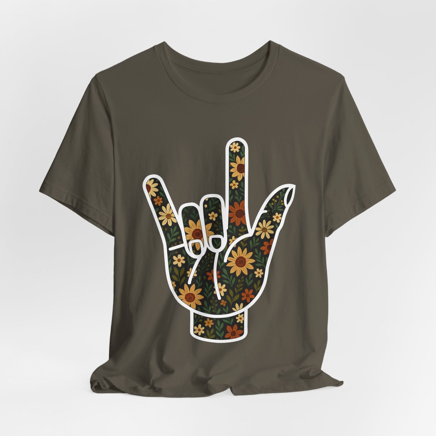 ASL Love Sign Floral Shirt | Soft Inclusive Graphic Tee for Deaf Community