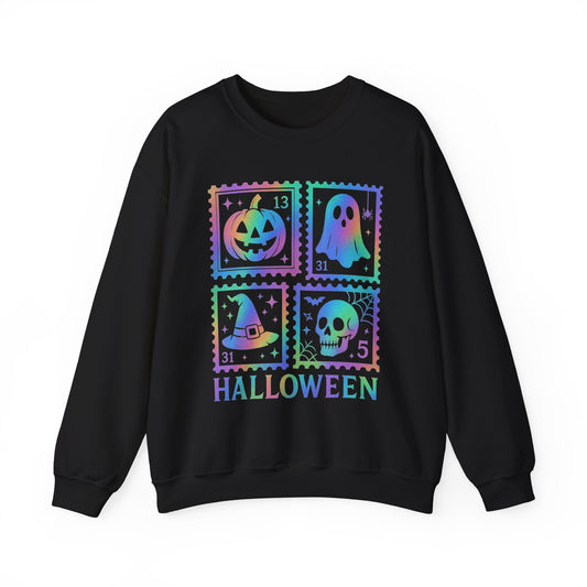 Halloween-themed Iridescent Stamp Sweatshirt, Halloween Apparel, Ghostly Sweatshirt, Pumpkin Design
