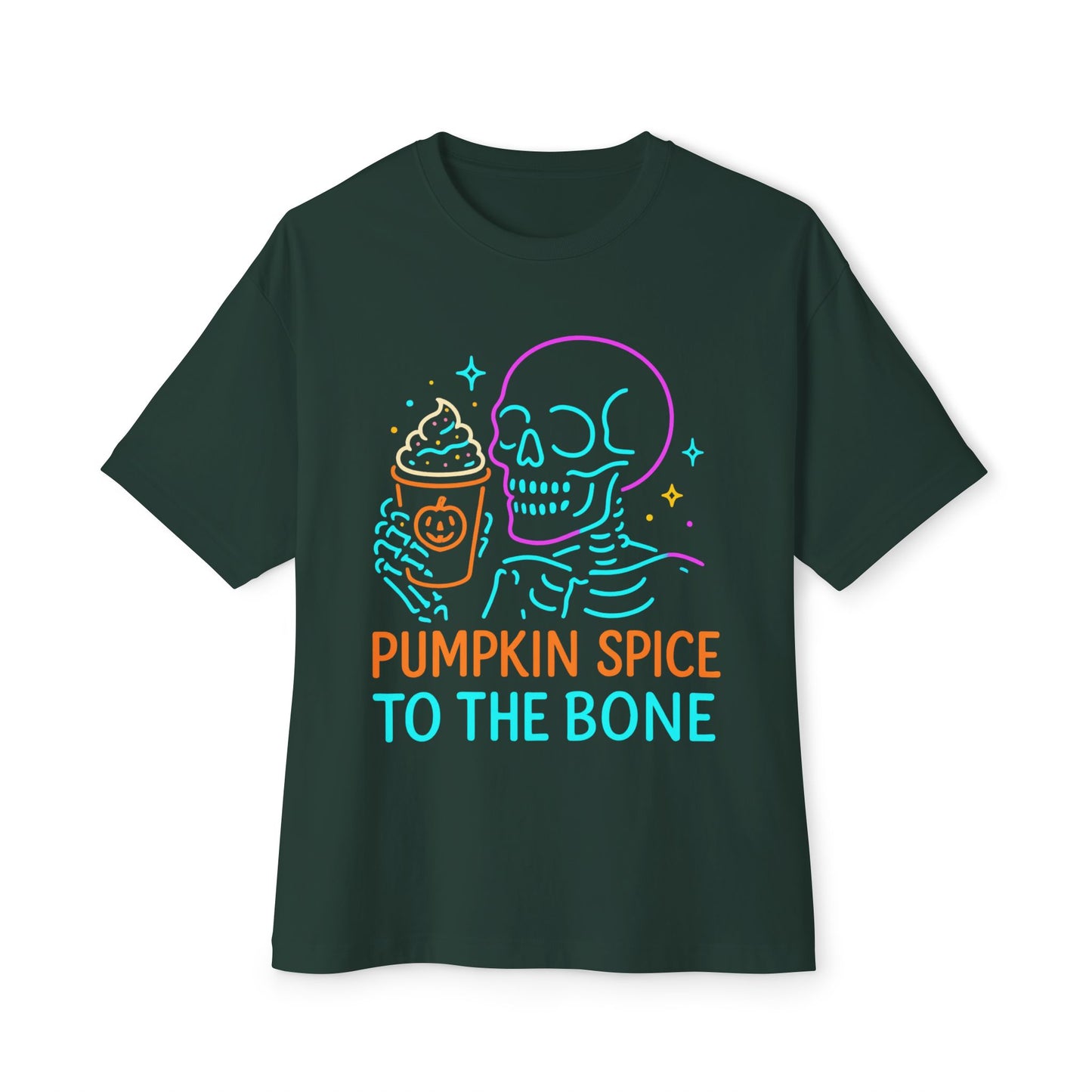 Pumpkin Spice Skeleton Tee, Unisex Halloween Shirt, Oversized Boxy Tee, Fall T-Shirt, Fun Autumn Apparel