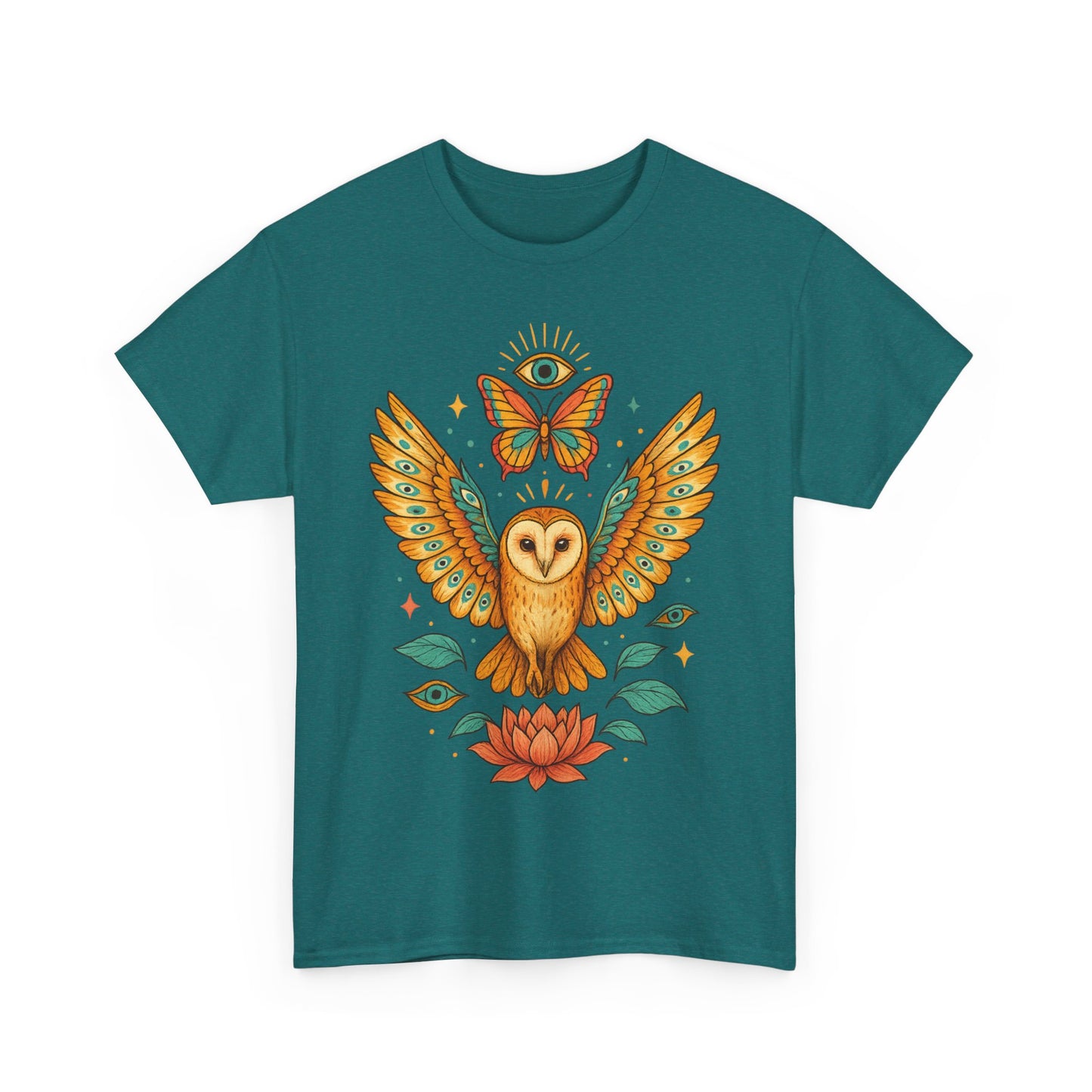 Owl and Butterfly Graphic Tee, Spiritual Cotton T-Shirt, Lotus Lover Gift, Boho Style