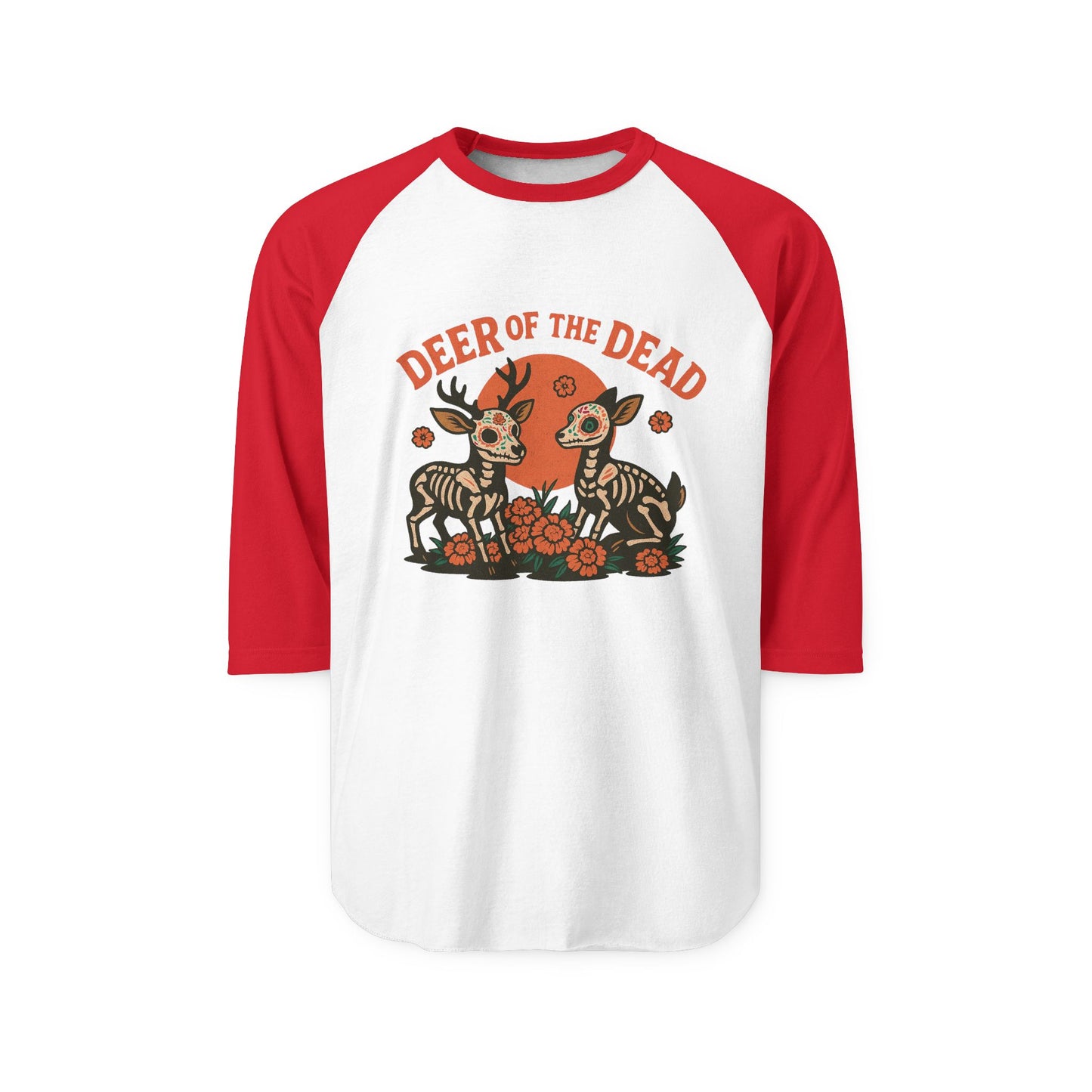 Deer of the Dead Raglan Shirt, Unisex Halloween Tee, Day of the Dead Shirt, Spooky Fashion, Fall Wardrobe Essential