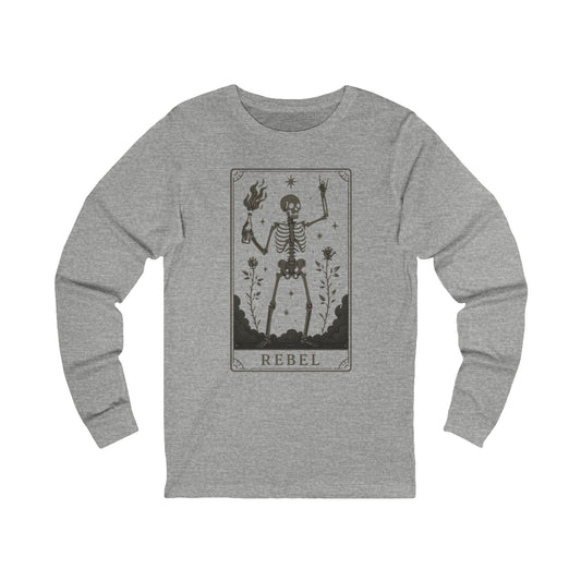 Rebel Skeleton Long Sleeve Tee | Unisex Graphic Shirt for Halloween, Boho Style Apparel, Casual Wear, Gift Idea