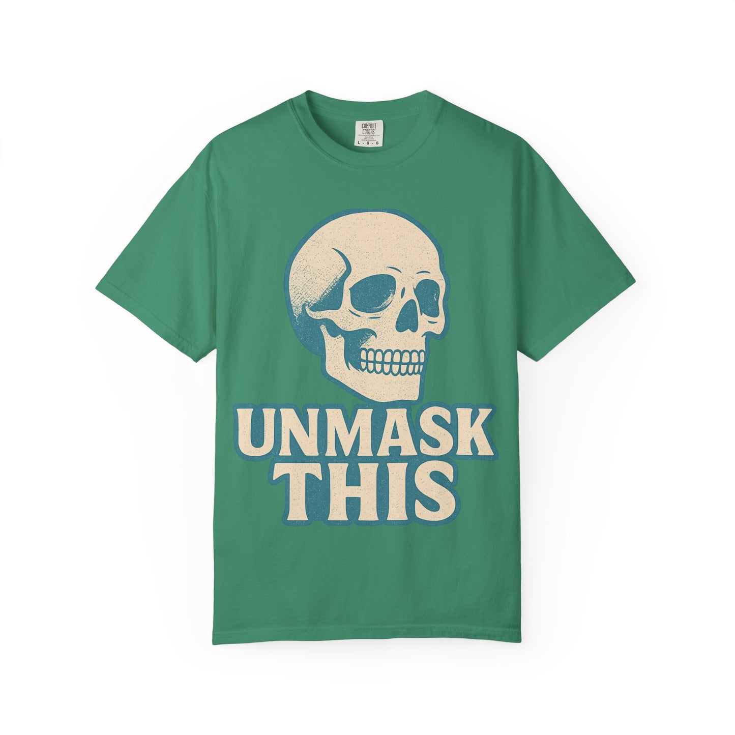 Unisex Garment-Dyed Skull T-shirt, Vintage Fashion Tee, Casual Skull Shirt, Halloween Apparel, Unmask This Shirt