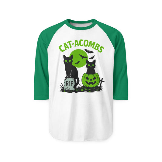 Halloween Cat-Acombs Raglan Shirt, Unisex Halloween Tee, Spooky Season Apparel, Cat Lovers Gift, Fall Fashion, Halloween Party Shirt