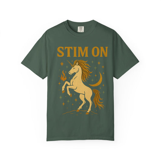 Unisex Garment-Dyed T-Shirt with 'Stim On' Unicorn Design | Fun Casual Wear, Unique Gift, Summer Fashion, Birthday Present, Relaxed Style