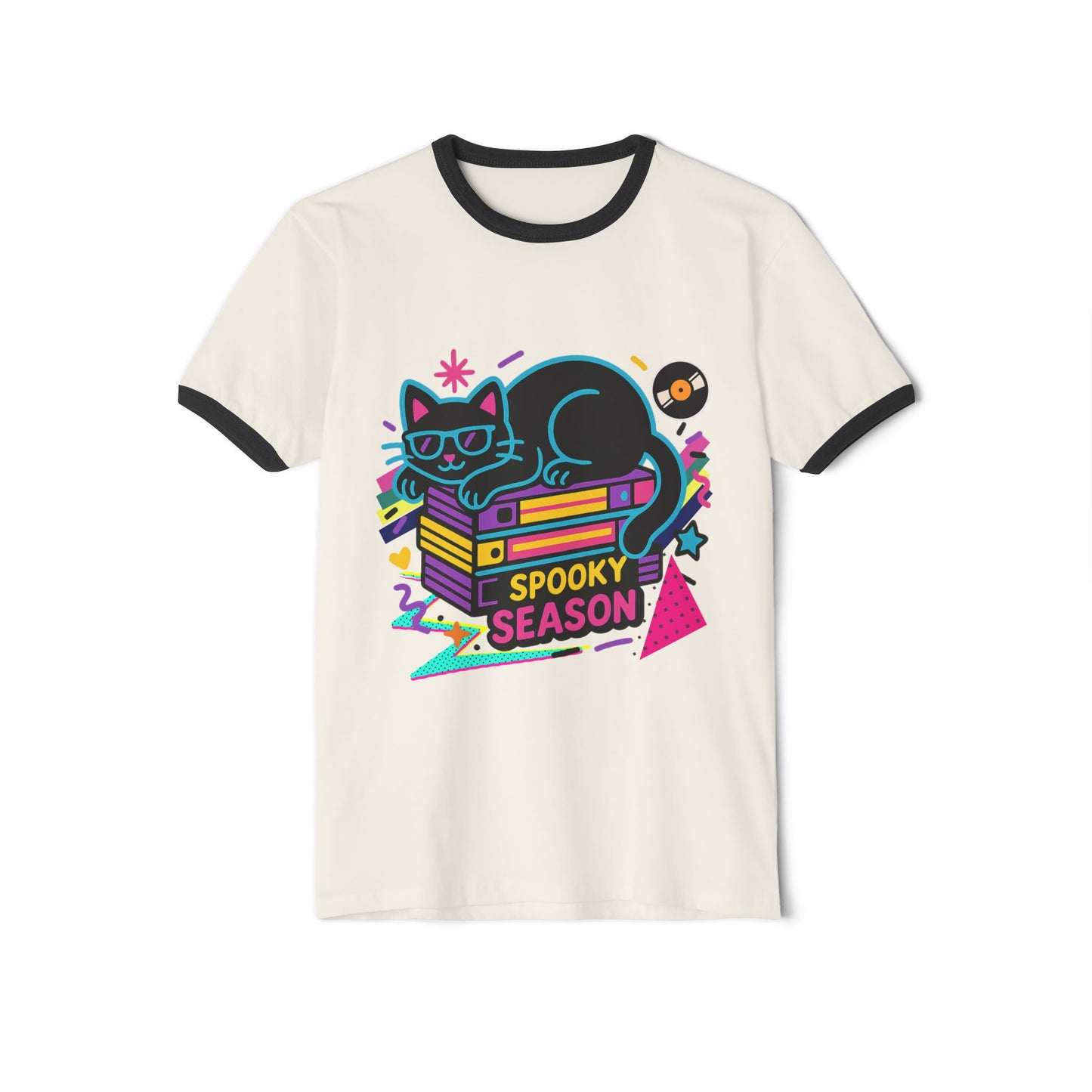 Spooky Season Cat Ringer T-Shirt, Cute Halloween Tee, Unisex Graphic Shirt, Retro Vibes, Cozy Casual Wear