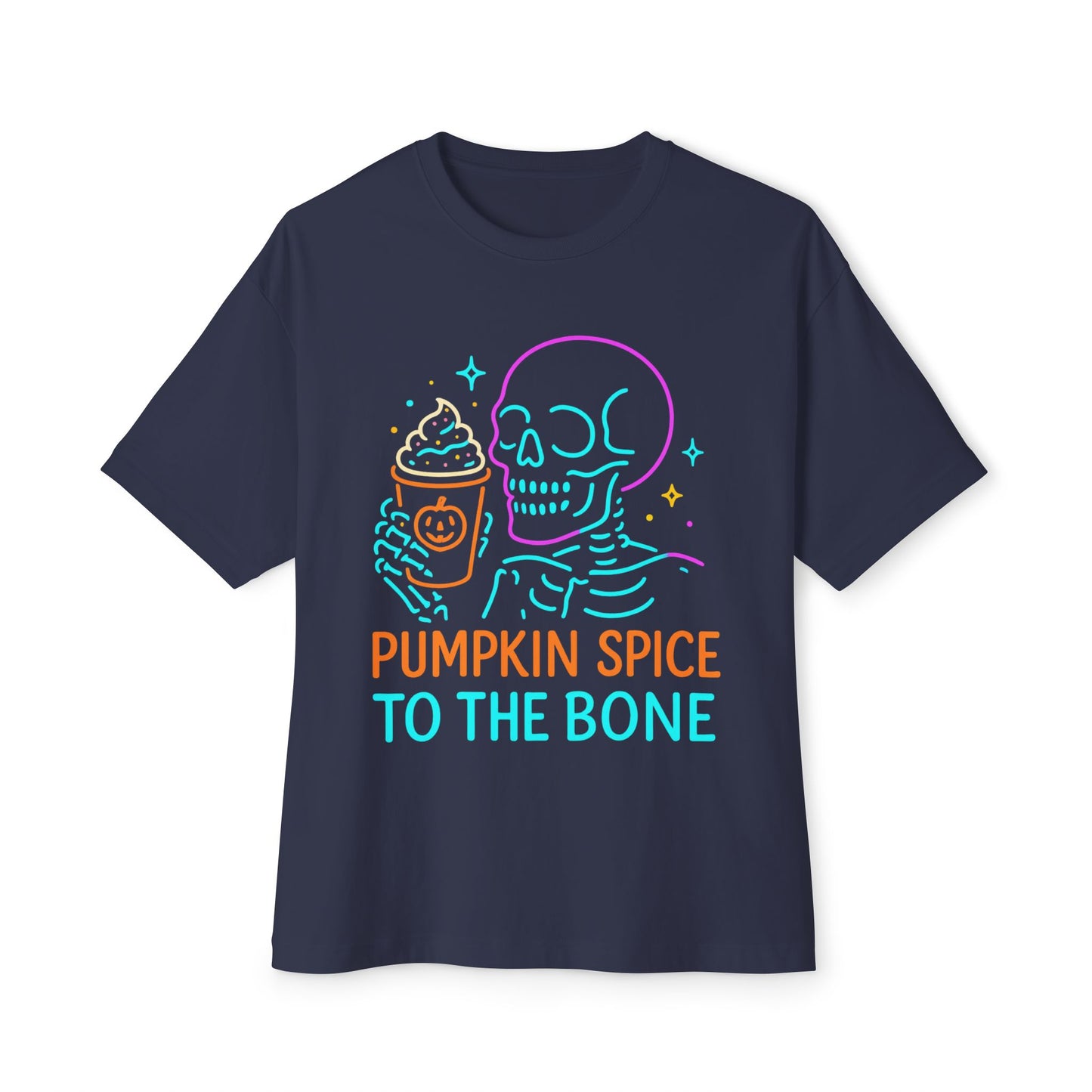 Pumpkin Spice Skeleton Tee, Unisex Halloween Shirt, Oversized Boxy Tee, Fall T-Shirt, Fun Autumn Apparel