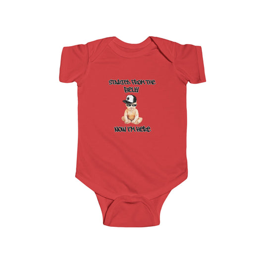 Cute Baby Bodysuit, "Started From The Belly Now I'm Here" Baby Shower Gift