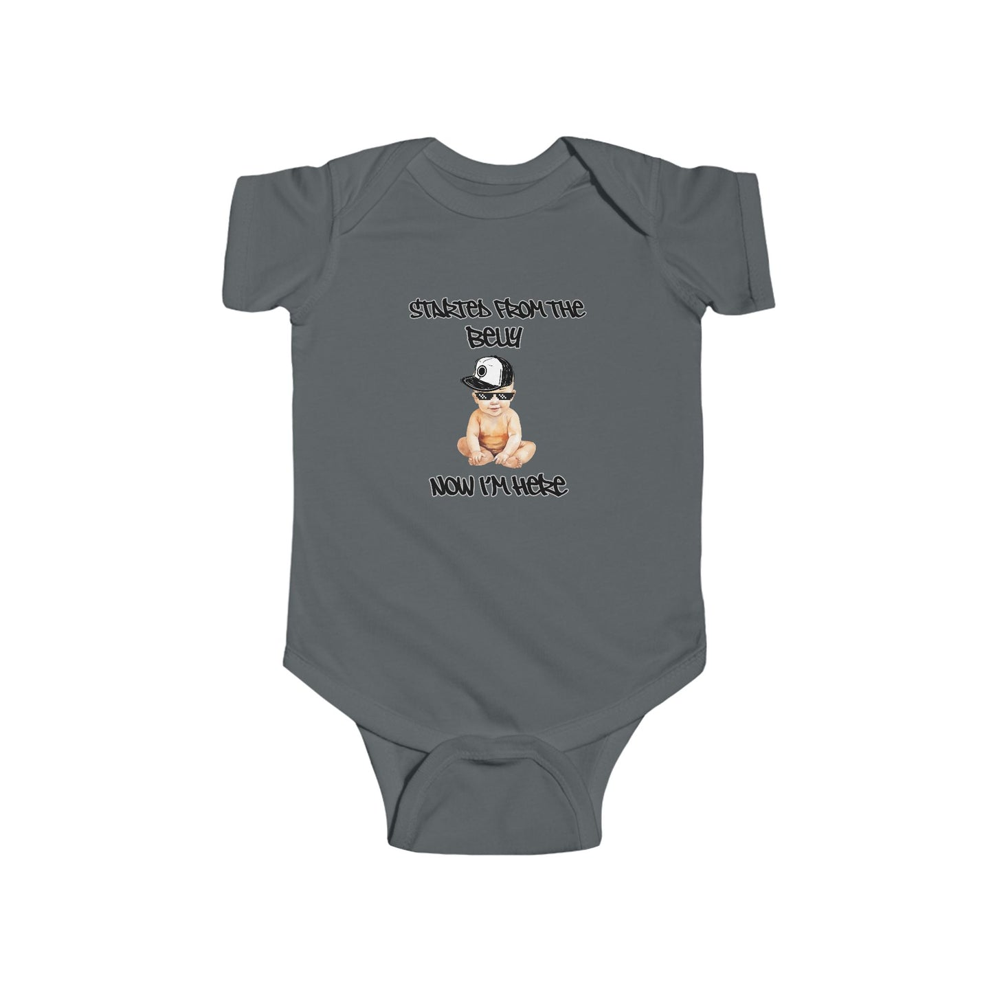 Cute Baby Bodysuit, "Started From The Belly Now I'm Here" Baby Shower Gift