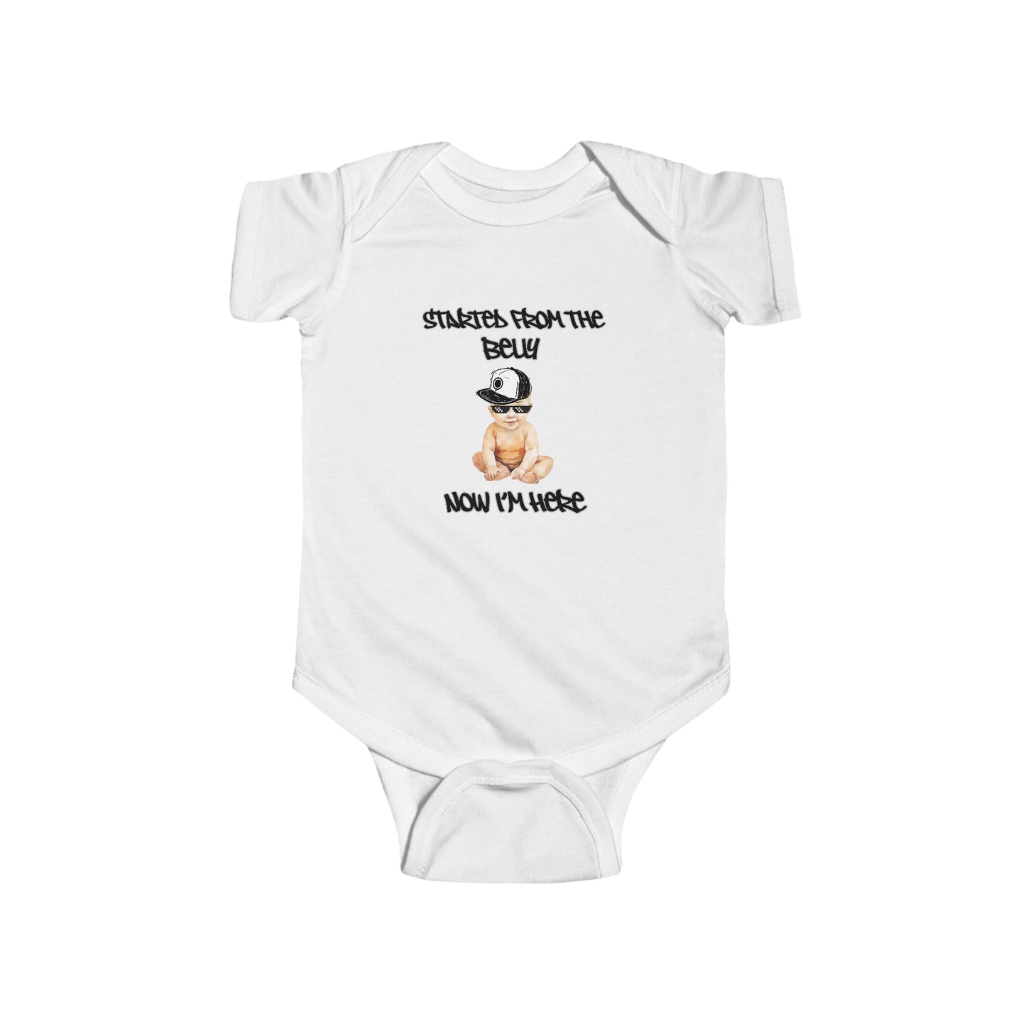 Cute Baby Bodysuit, "Started From The Belly Now I'm Here" Baby Shower Gift