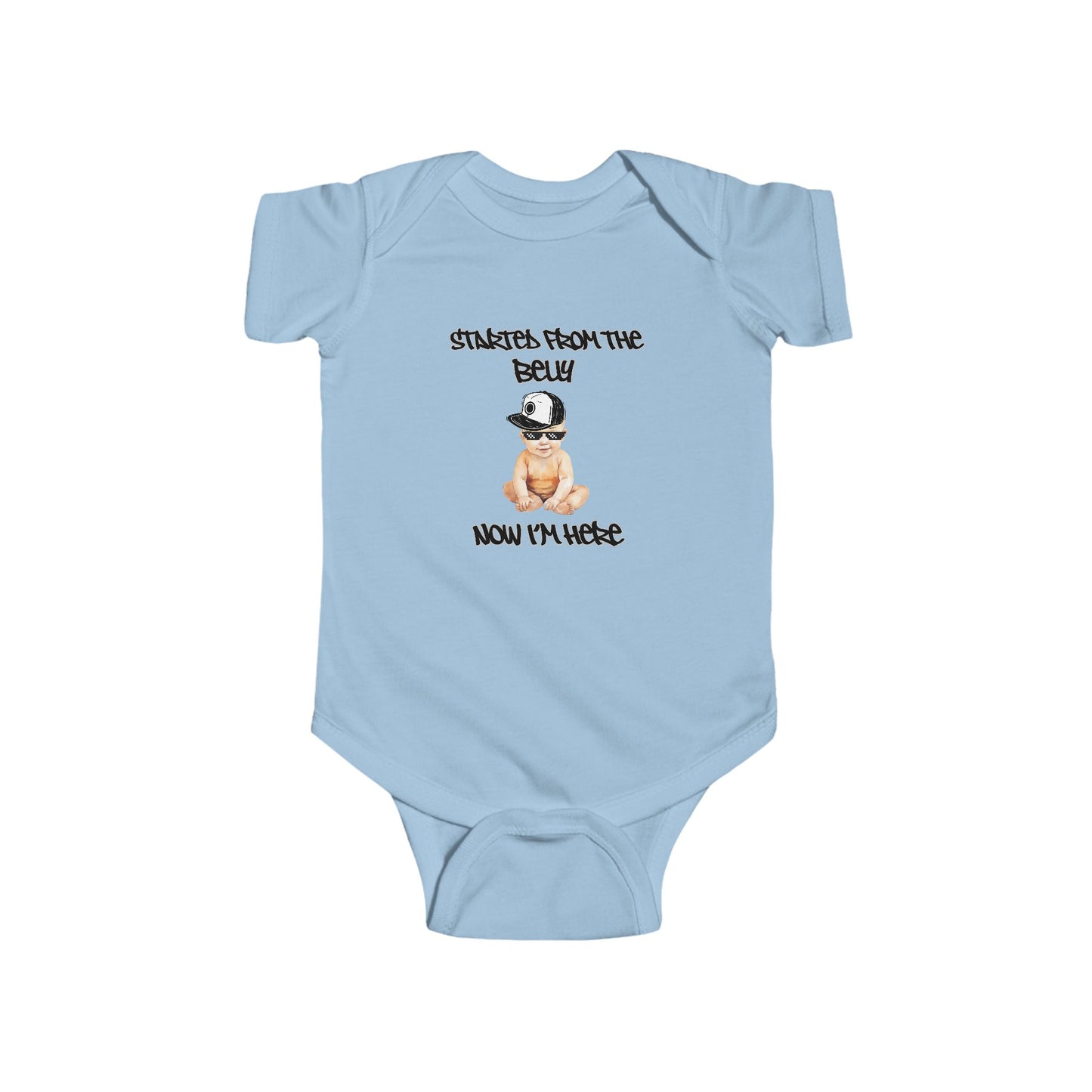 Cute Baby Bodysuit, "Started From The Belly Now I'm Here" Baby Shower Gift