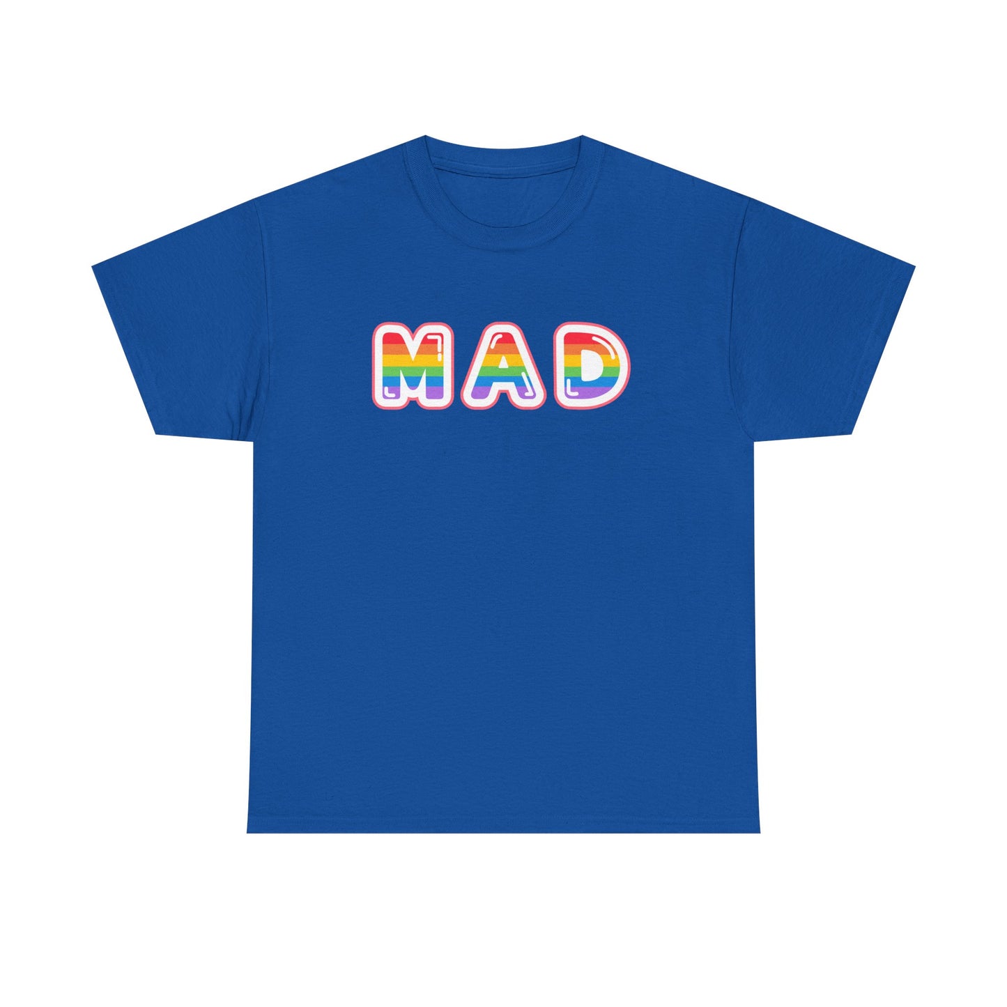 Rainbow 'MAD' Unisex Heavy Cotton Tee, Simple Letter Shirt, Graphic Tee