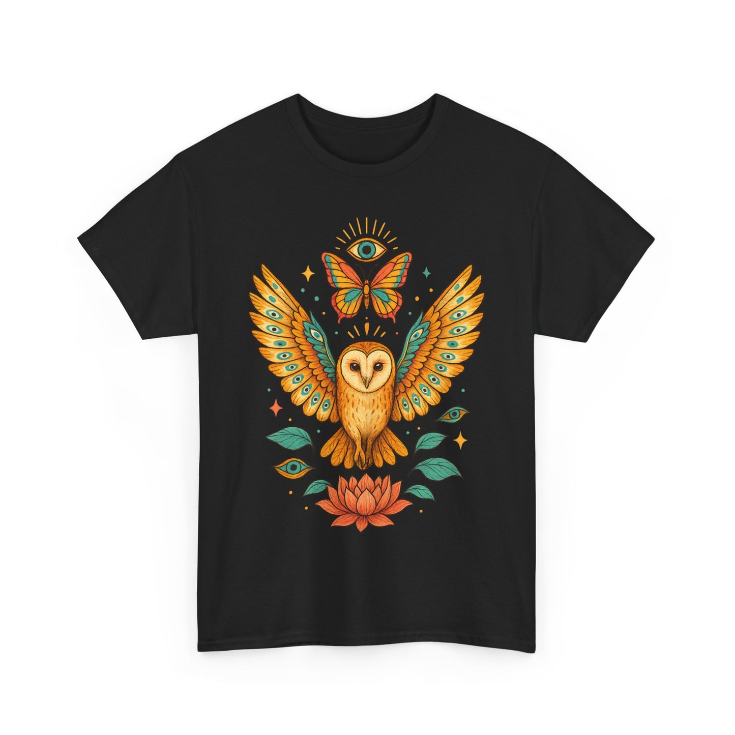 Owl and Butterfly Graphic Tee, Spiritual Cotton T-Shirt, Lotus Lover Gift, Boho Style