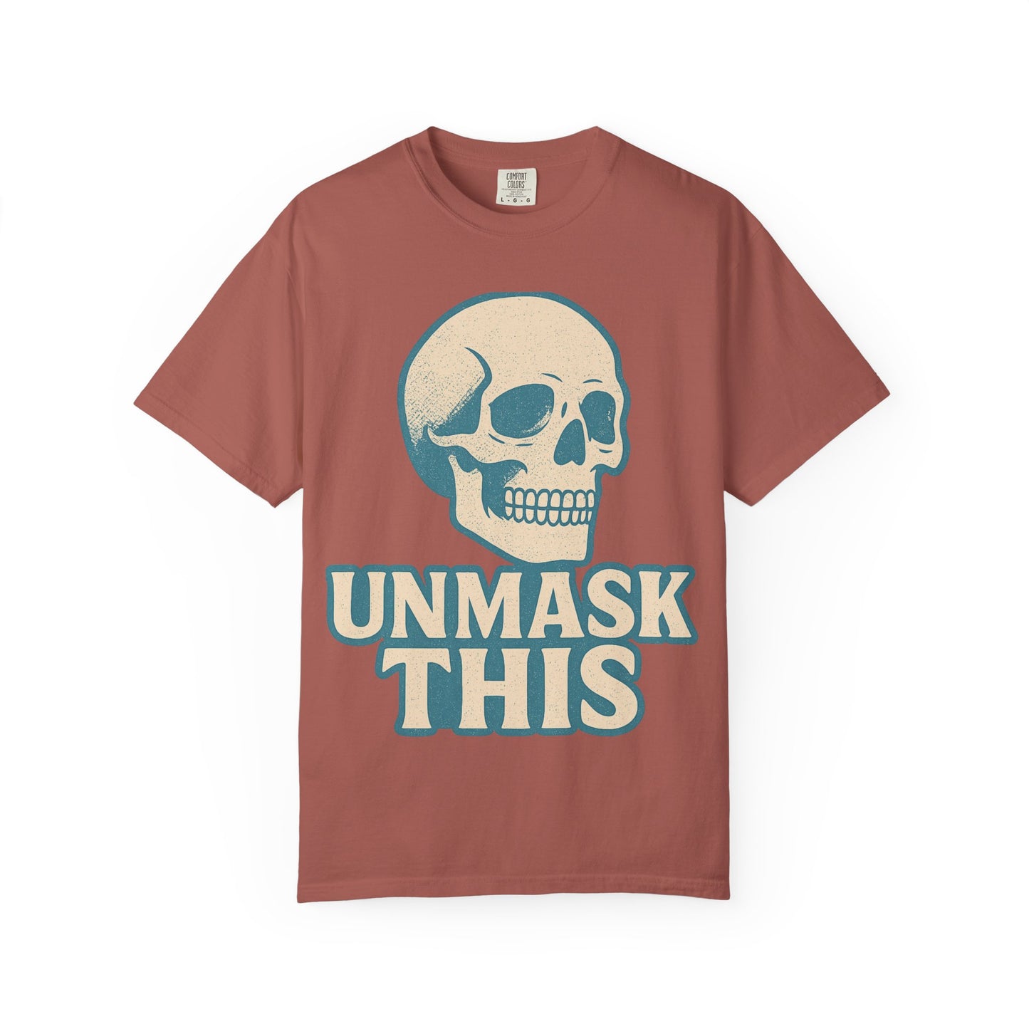 Unisex Garment-Dyed Skull T-shirt, Vintage Fashion Tee, Casual Skull Shirt, Halloween Apparel, Unmask This Shirt