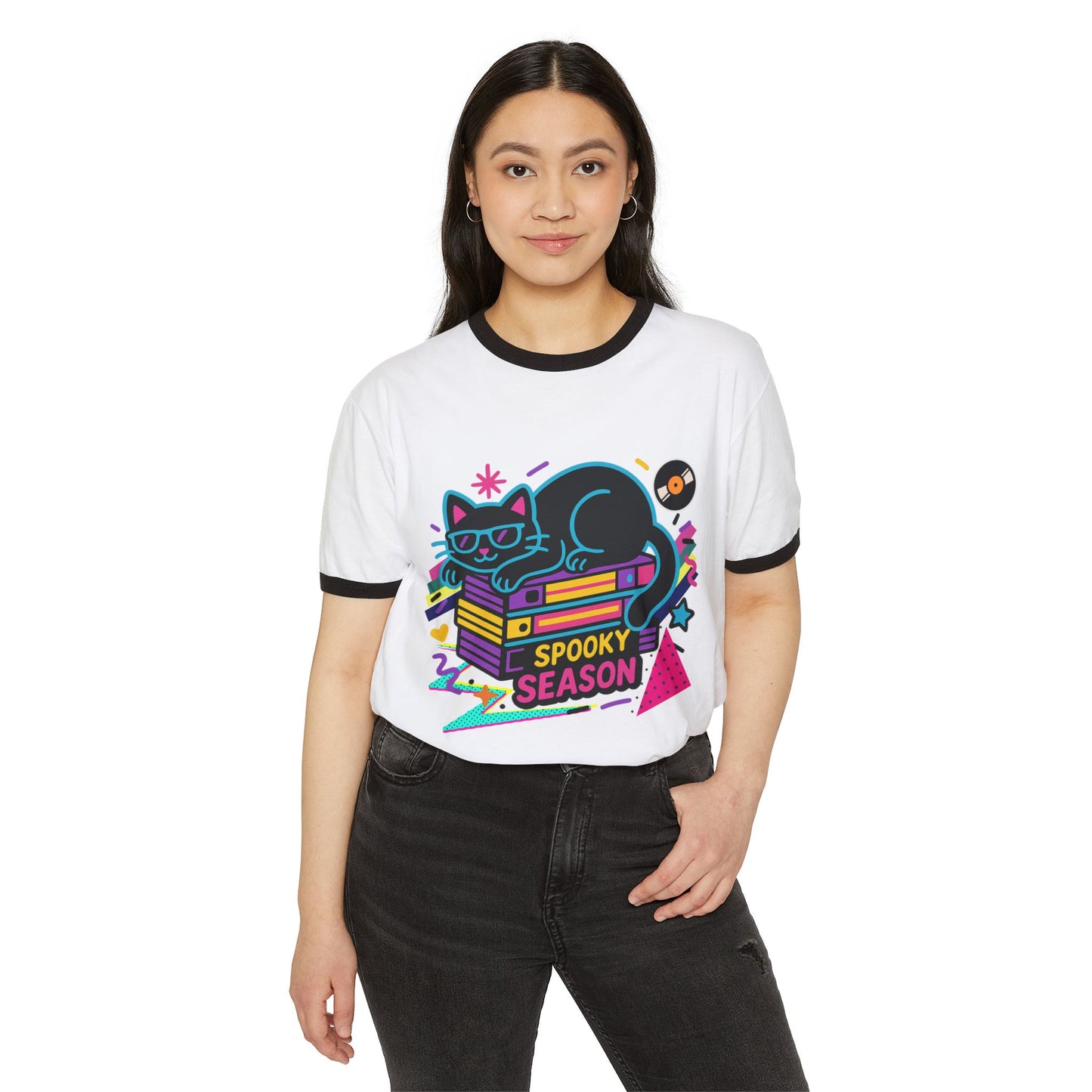 Spooky Season Cat Ringer T-Shirt, Cute Halloween Tee, Unisex Graphic Shirt, Retro Vibes, Cozy Casual Wear