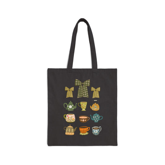 Tea & Whimsy Tote – Teacups, Kettles, and Bows, Reusable Shopping Bag, Eco-Friendly Gift, Tea Lover's Tote, Cute Tote for Everyday Use