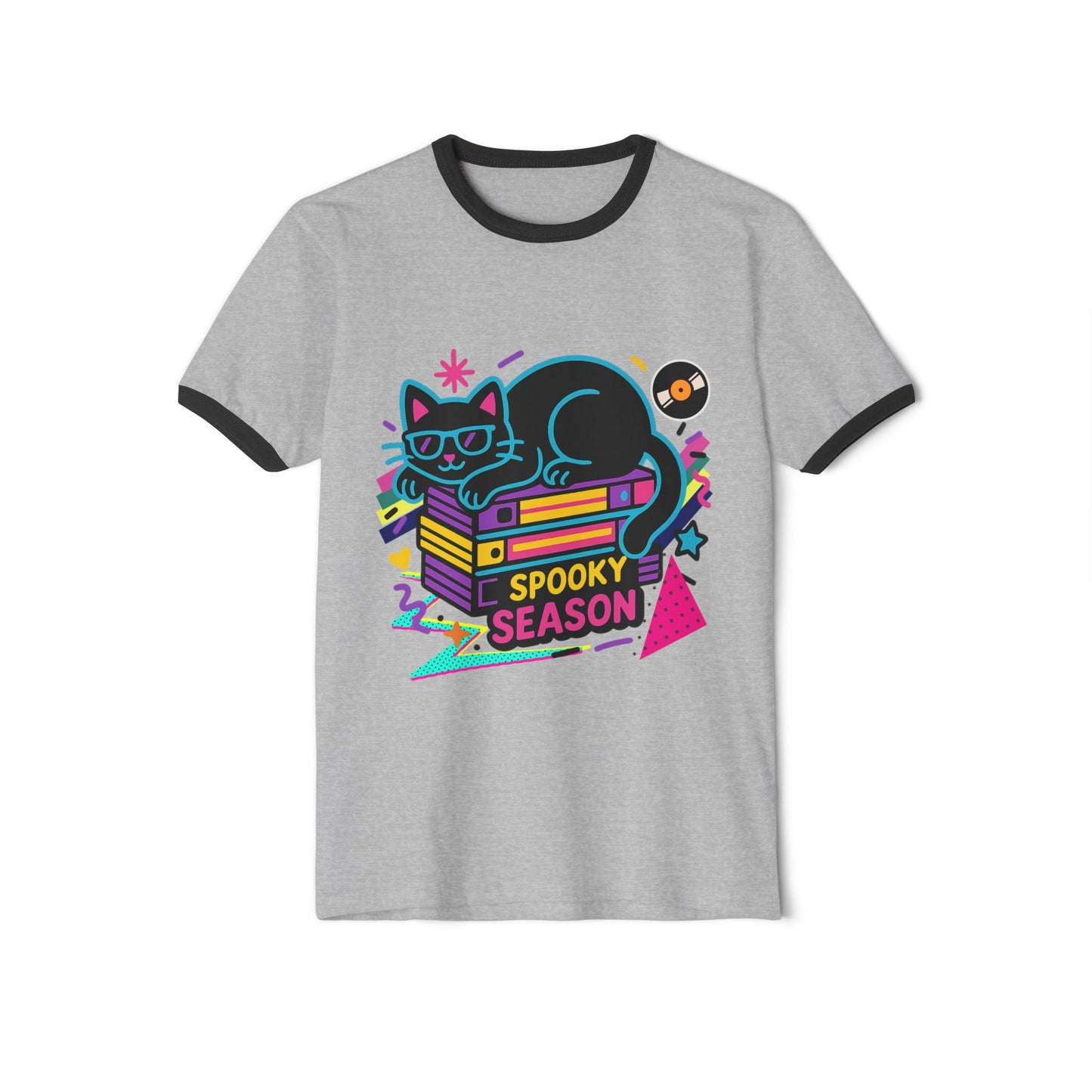 Spooky Season Cat Ringer T-Shirt, Cute Halloween Tee, Unisex Graphic Shirt, Retro Vibes, Cozy Casual Wear