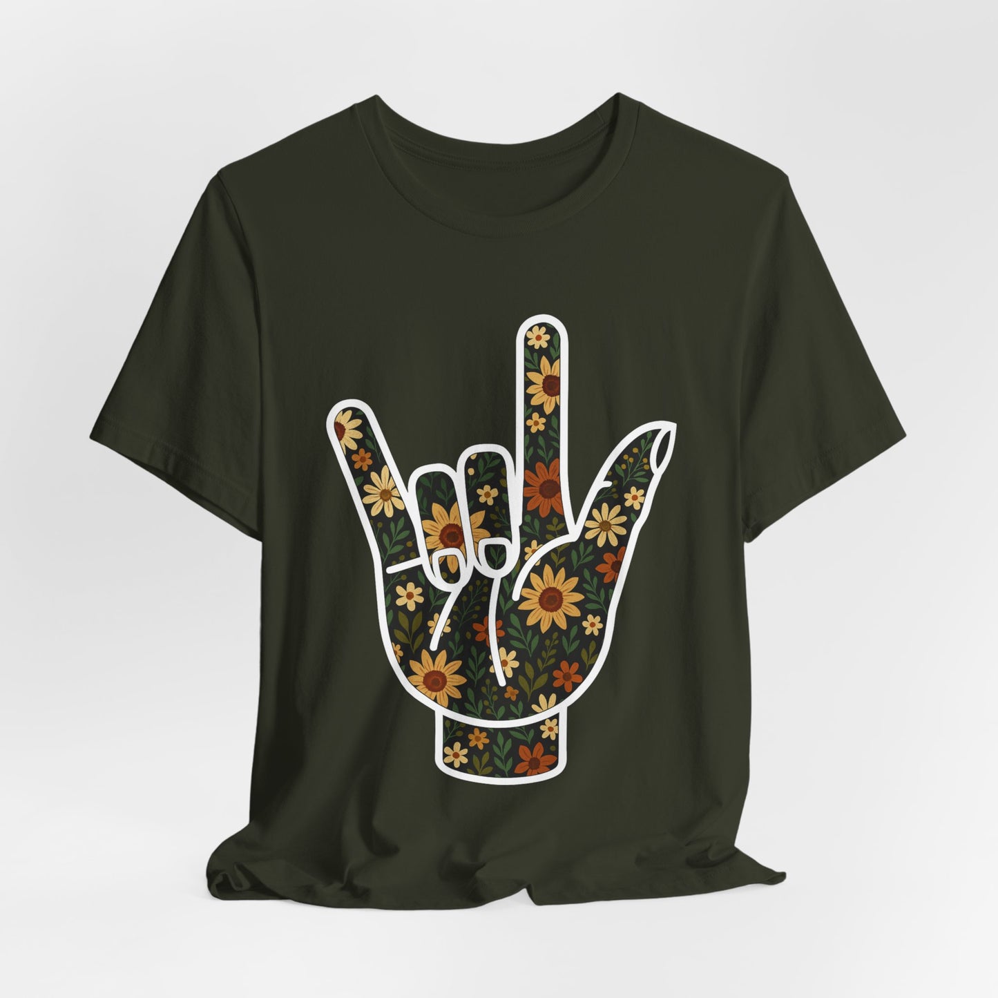ASL Love Sign Floral Shirt | Soft Inclusive Graphic Tee for Deaf Community