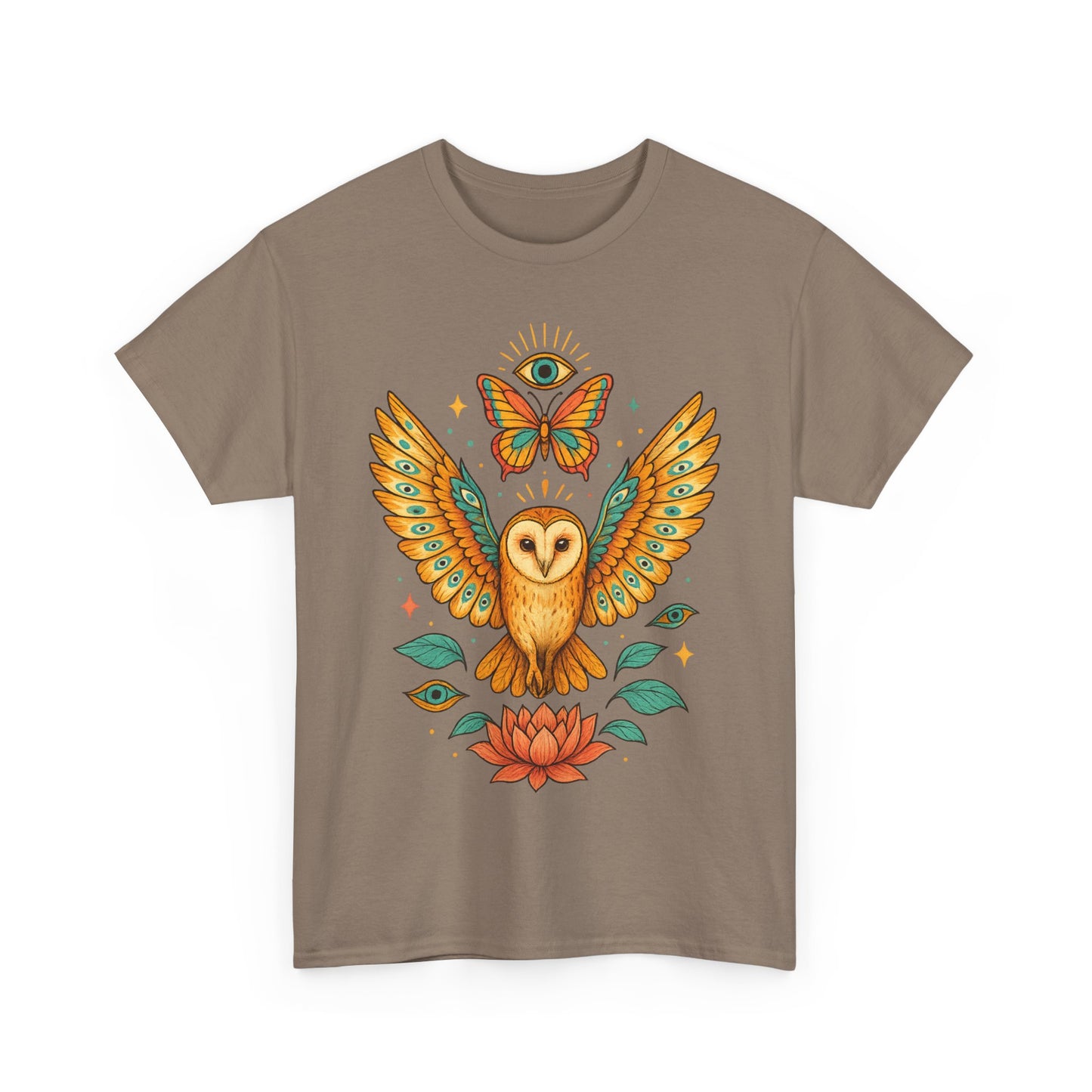 Owl and Butterfly Graphic Tee, Spiritual Cotton T-Shirt, Lotus Lover Gift, Boho Style