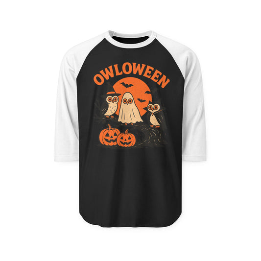 Owl-Themed Halloween Raglan Shirt, Spooky Shirt, Unisex Halloween Tee, Fall Apparel, Ghost Design Shirt, Owl Costume Top