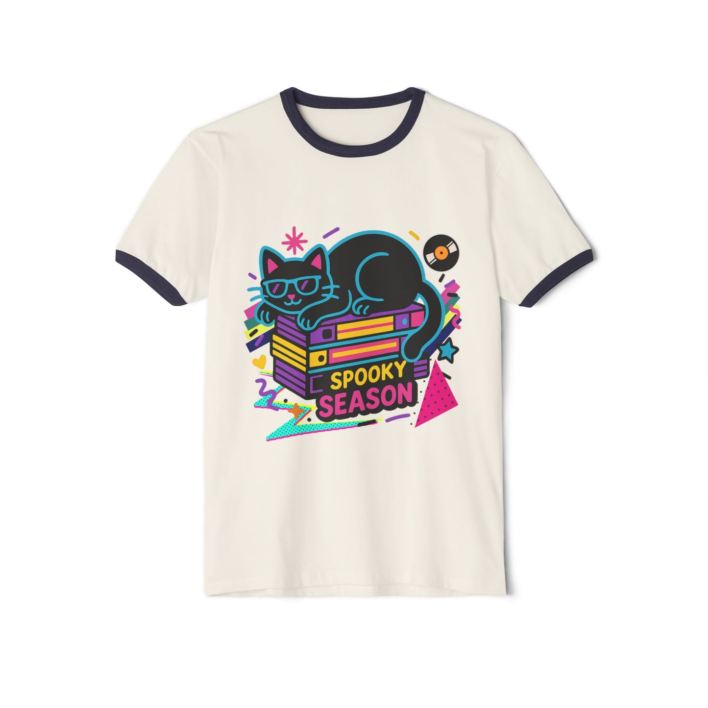Spooky Season Cat Ringer T-Shirt, Cute Halloween Tee, Unisex Graphic Shirt, Retro Vibes, Cozy Casual Wear
