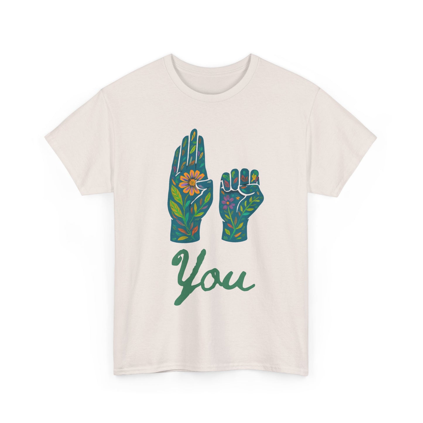 Unisex Heavy Cotton Tee with Floral ASL Design, Inspirational Sign Language T-Shirt