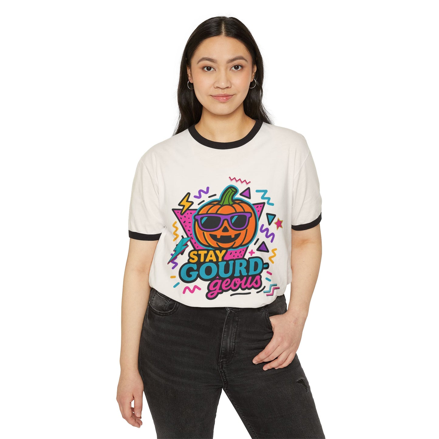 Stay Gourd-geous Halloween Unisex Cotton Ringer T-Shirt, Cute Pumpkin Tee, Spooky Vibes Shirt, Fall Fashion, Halloween Costume