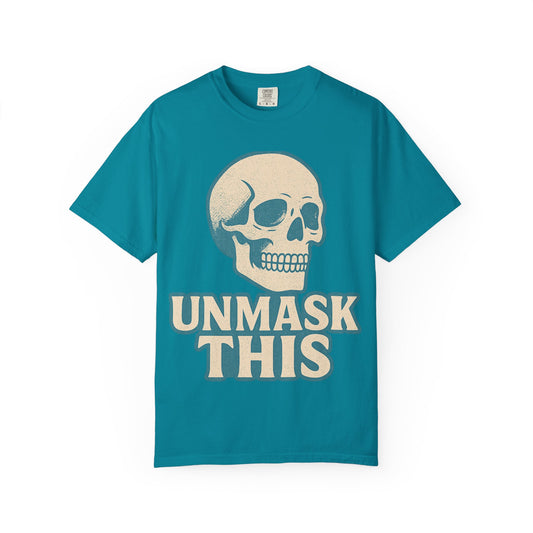 Unisex Garment-Dyed Skull T-shirt, Vintage Fashion Tee, Casual Skull Shirt, Halloween Apparel, Unmask This Shirt
