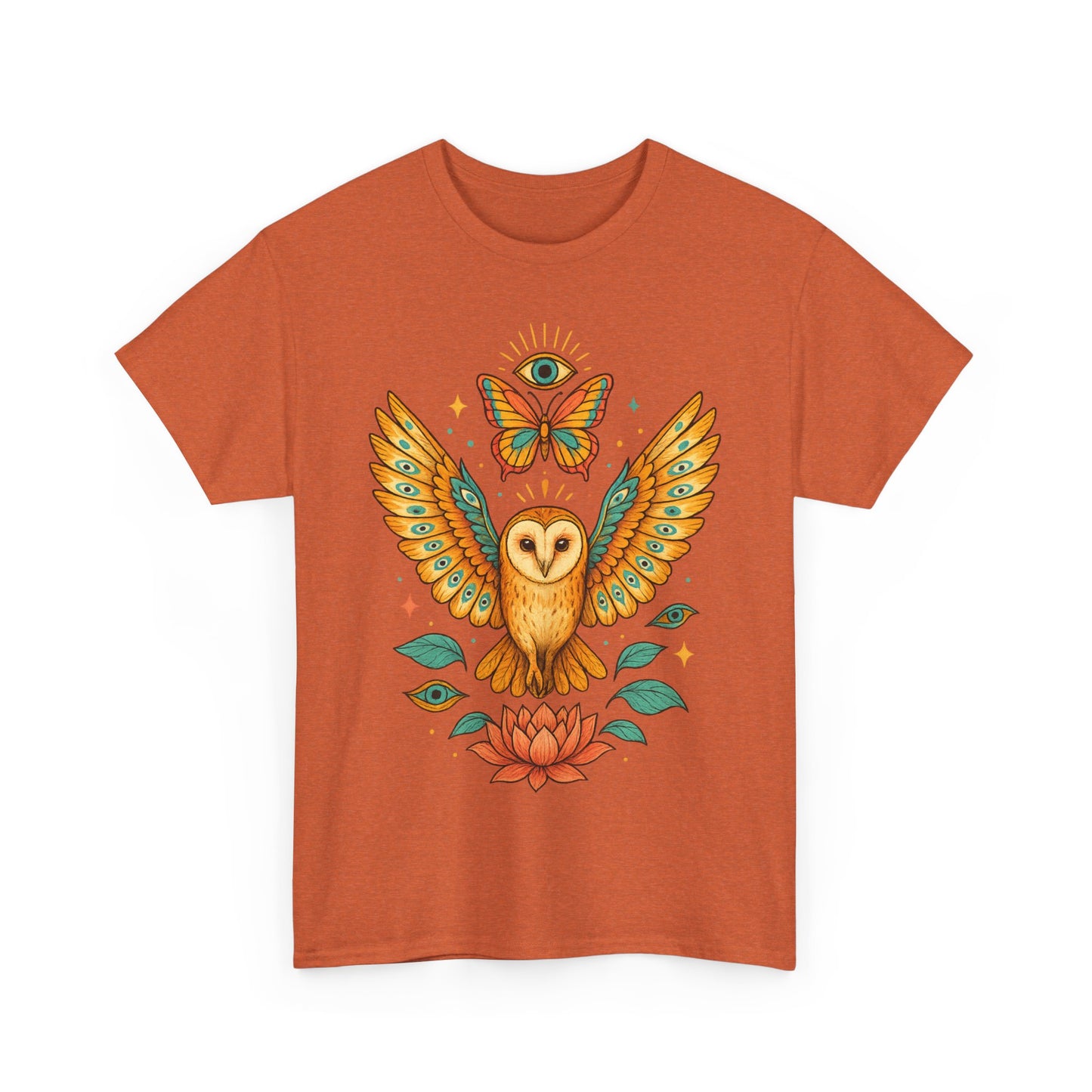Owl and Butterfly Graphic Tee, Spiritual Cotton T-Shirt, Lotus Lover Gift, Boho Style