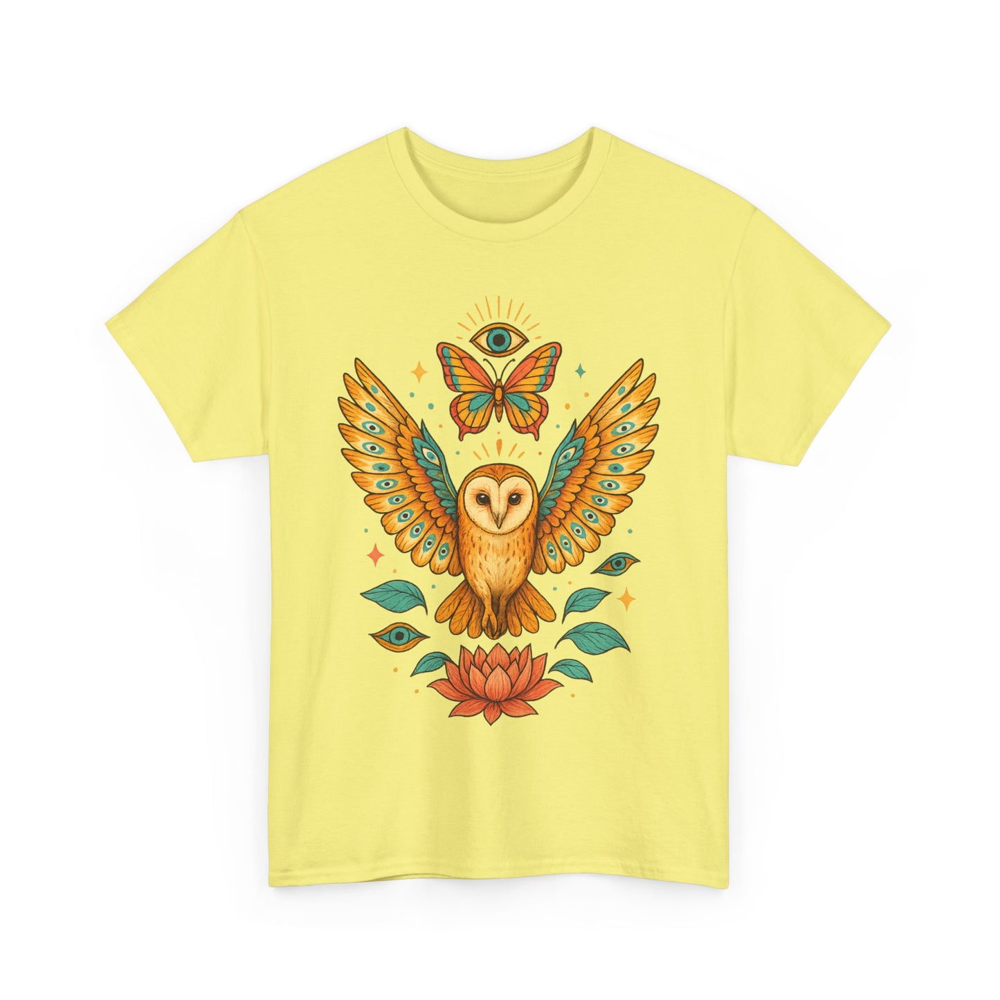 Owl and Butterfly Graphic Tee, Spiritual Cotton T-Shirt, Lotus Lover Gift, Boho Style