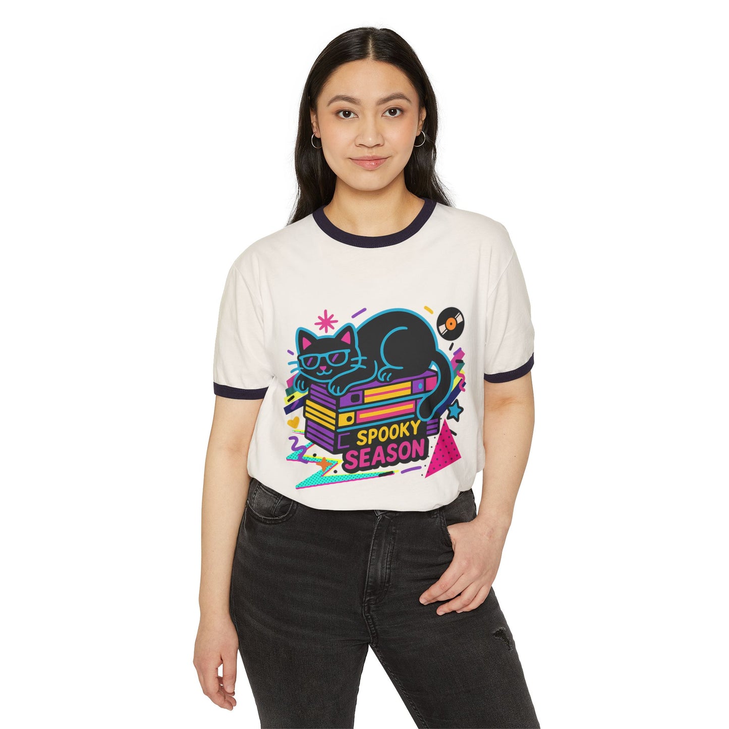 Spooky Season Cat Ringer T-Shirt, Cute Halloween Tee, Unisex Graphic Shirt, Retro Vibes, Cozy Casual Wear